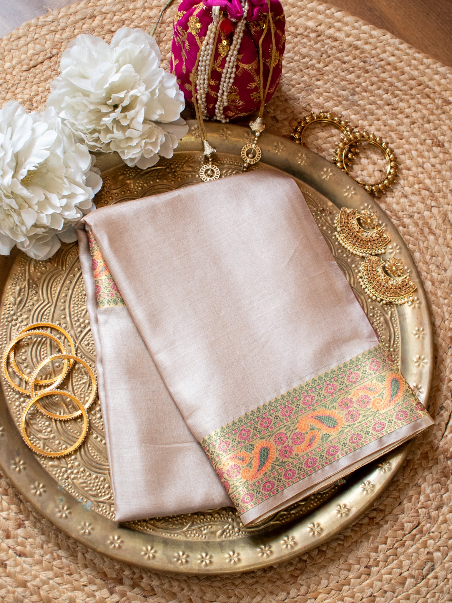 Banarasi Pure Tussar Saree With Resham Weaving Border- Beige