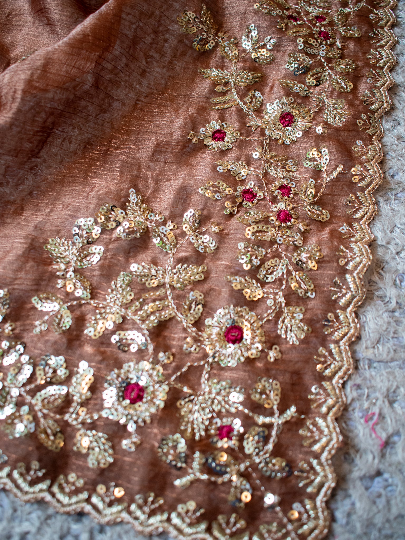 Tissue Embroidered Cocktail Saree- Brown