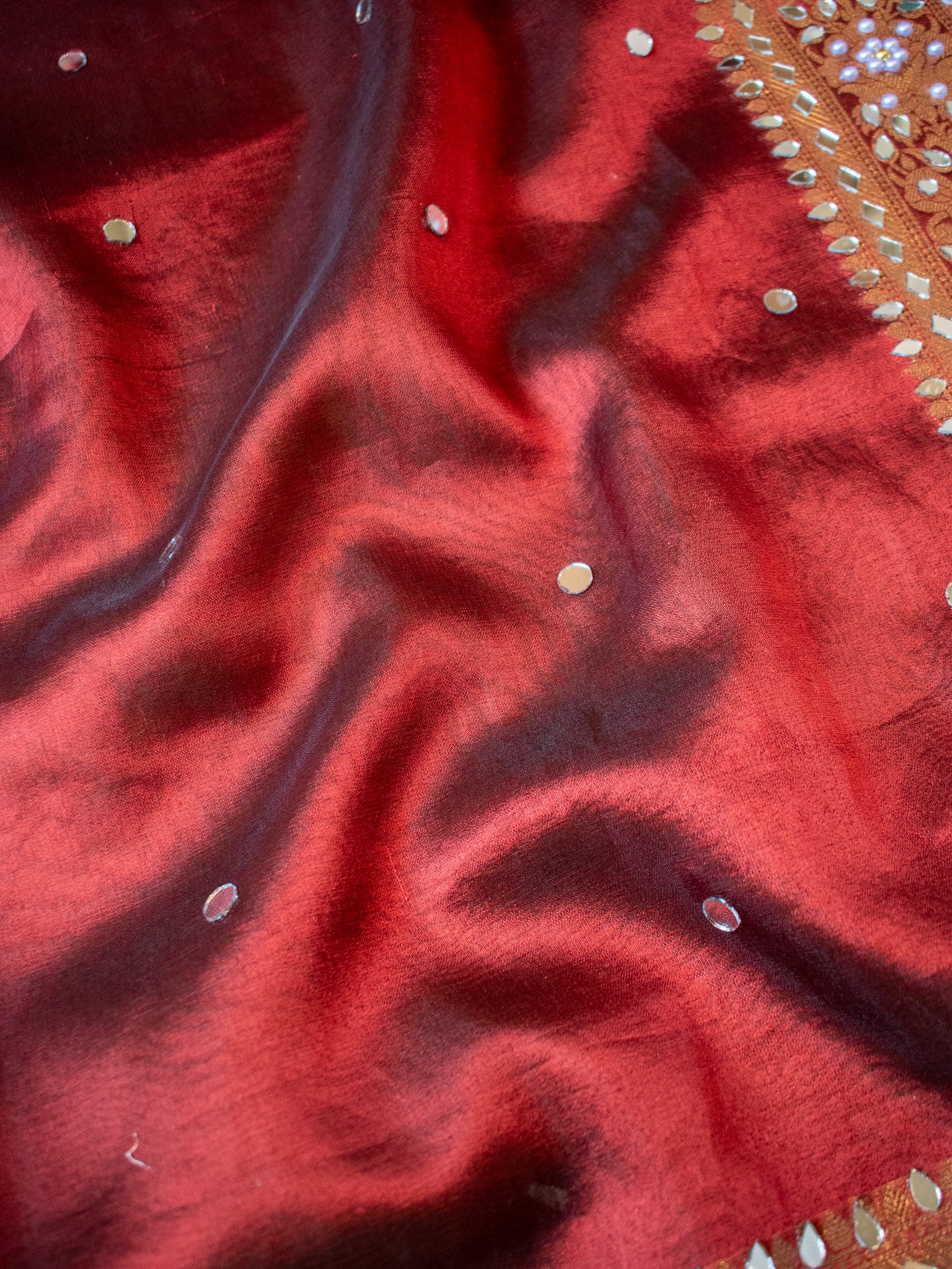 Banarasi Mirror Work Tissue Saree with Lace Border - Maroon