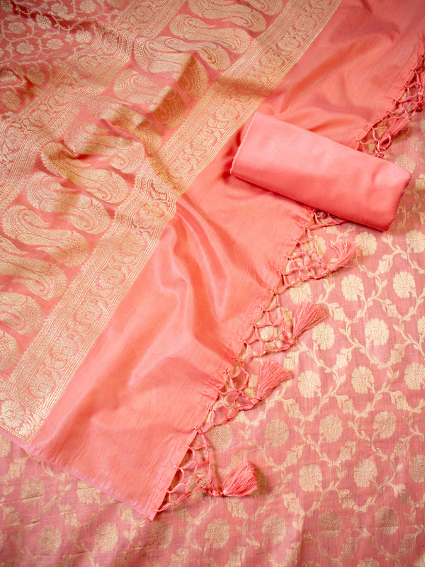 Banarasi Cotton  Silk Zari Weaving Salwar Kameez Material-Peach