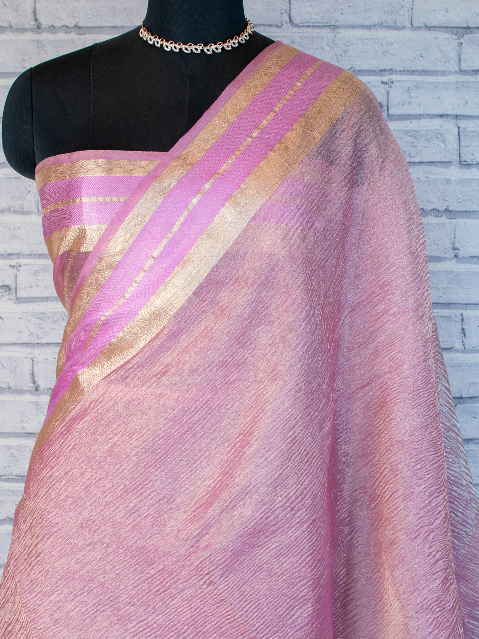 Banarasi Crushed Tissue Saree With Zari Border- Pink