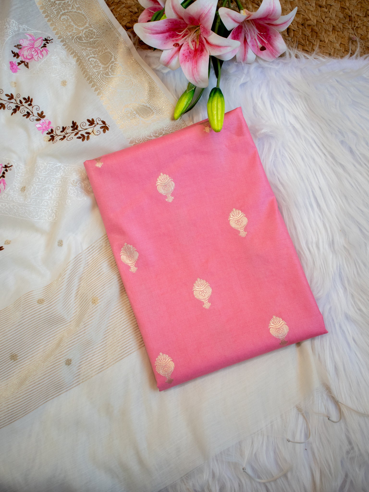 Banarasi Cotton Silk Salwar Kameez with Contrast Dupatta- Pink