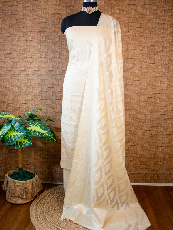 Banarasi Soft Cotton Salwar Kameez Fabric Resham Weaving With Dupatta-White
