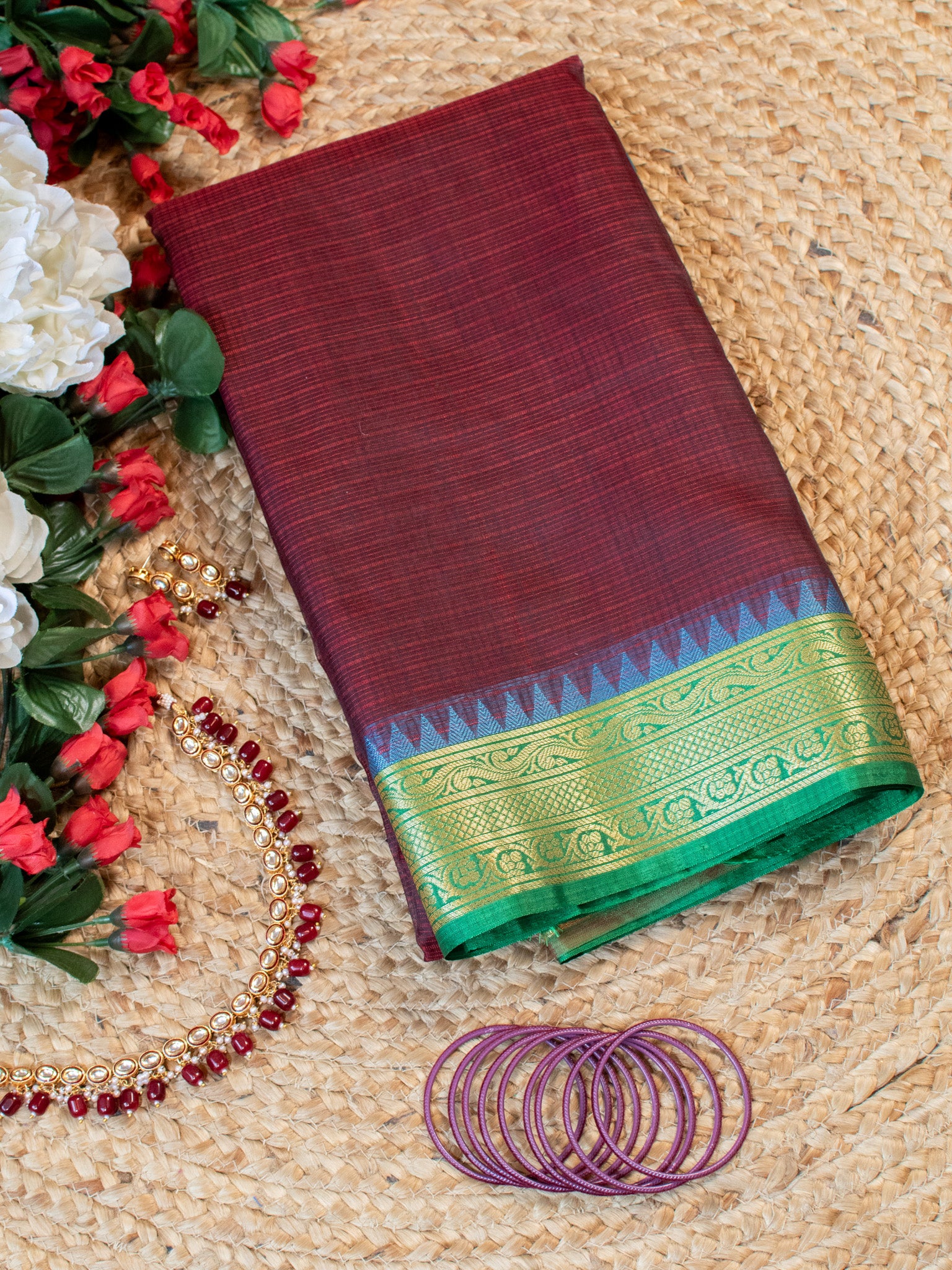 Banarasi Kota Check Saree With Contrast Border - Wine