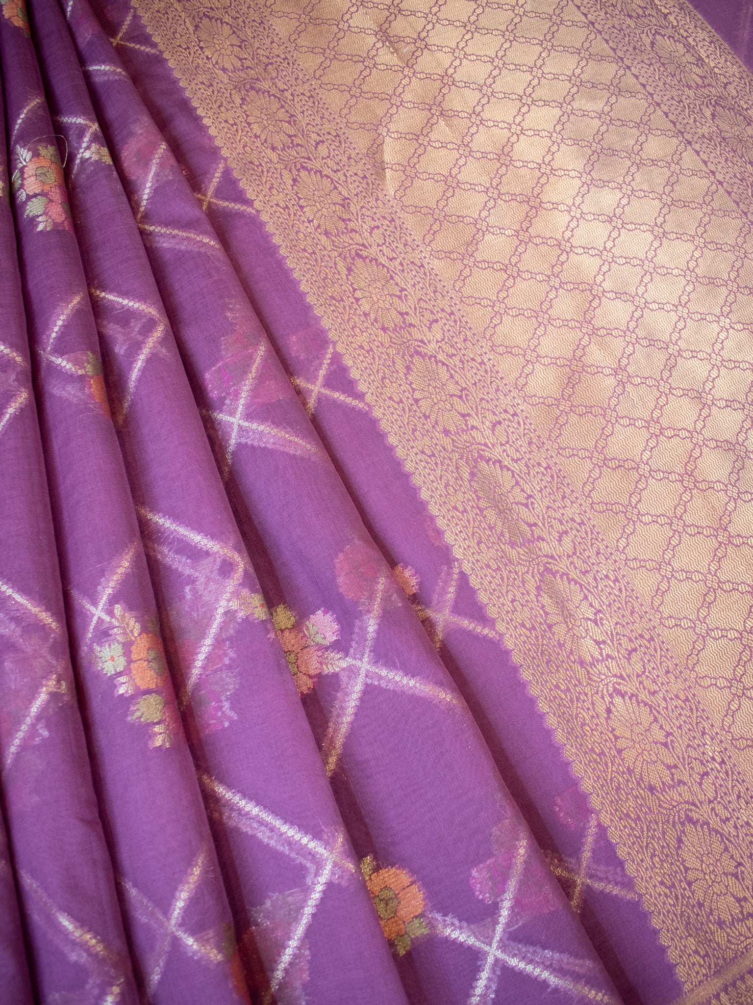 Banarasi Cotton Silk Saree with Floral Weaving & Border- Mauve