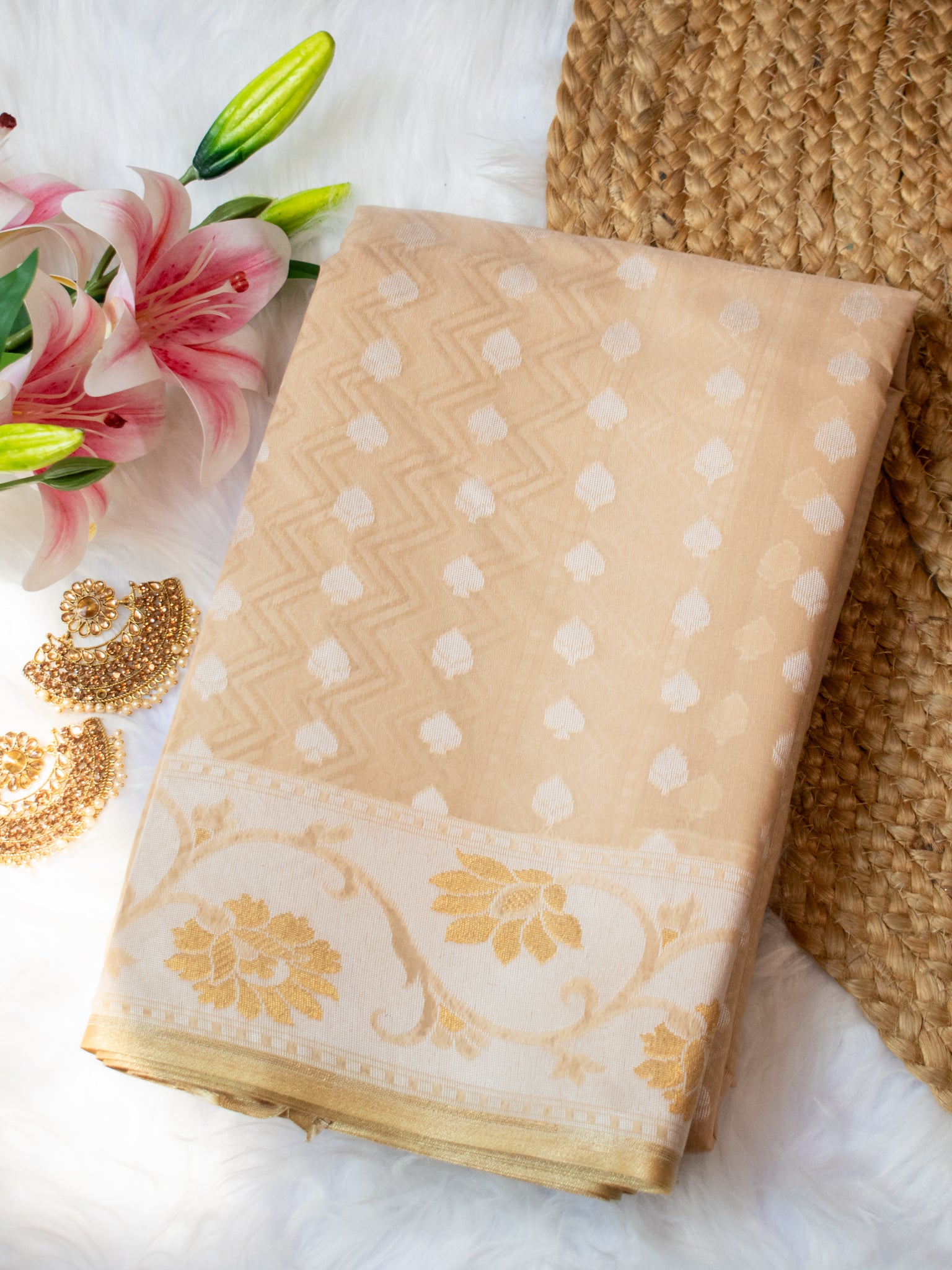 Banarasi Soft Cotton Saree With Resham Work and Border - Beige