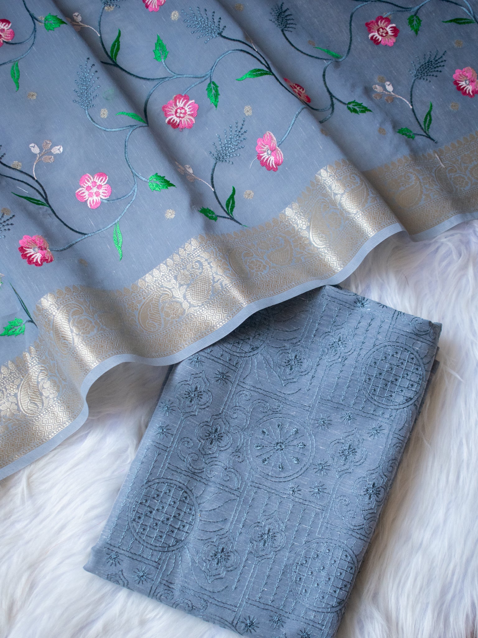 Banarasi Embroidered Salwar Kameez With Dupatta - Grey