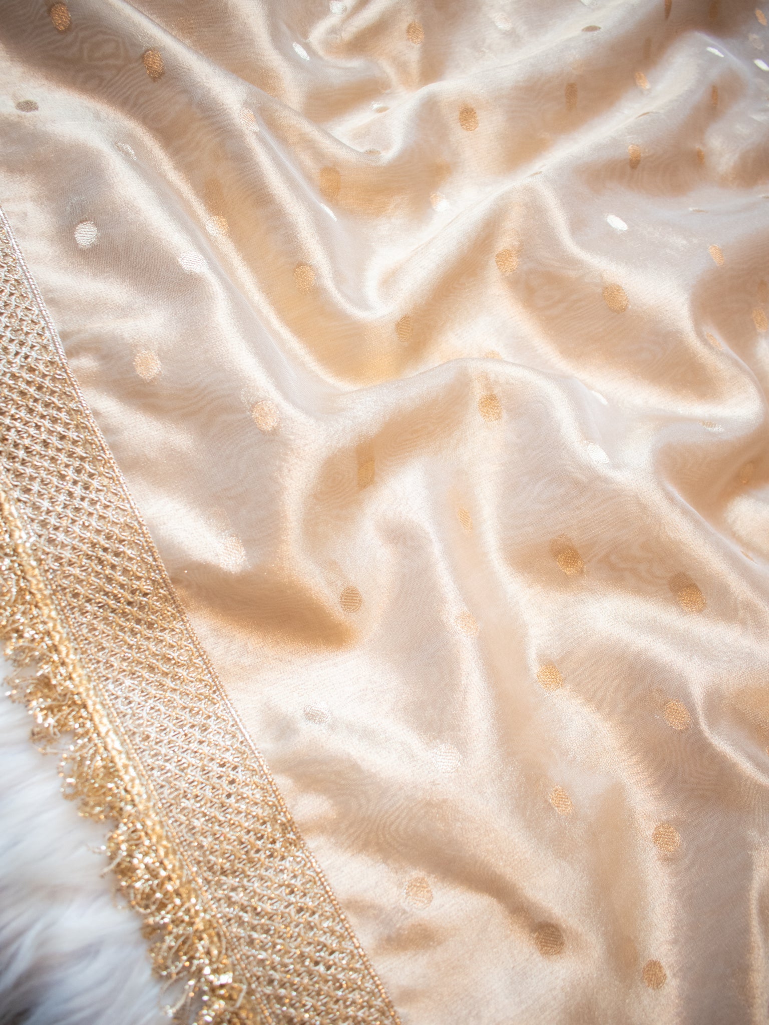 Banarasi Tissue Saree With Zari Buti Weaving & Lace Border- Beige