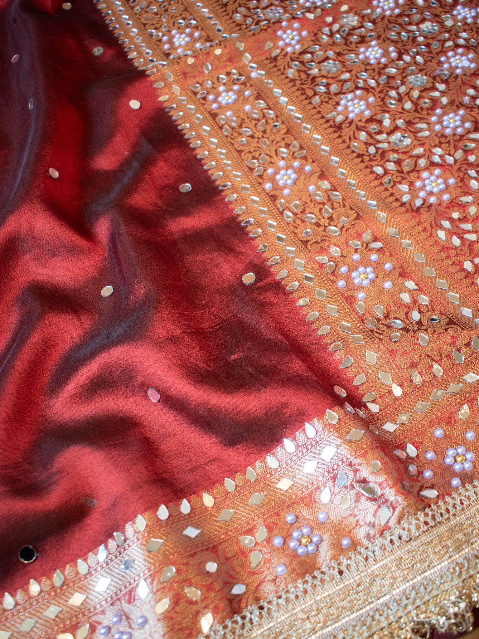 Banarasi Mirror Work Tissue Saree with Lace Border - Maroon