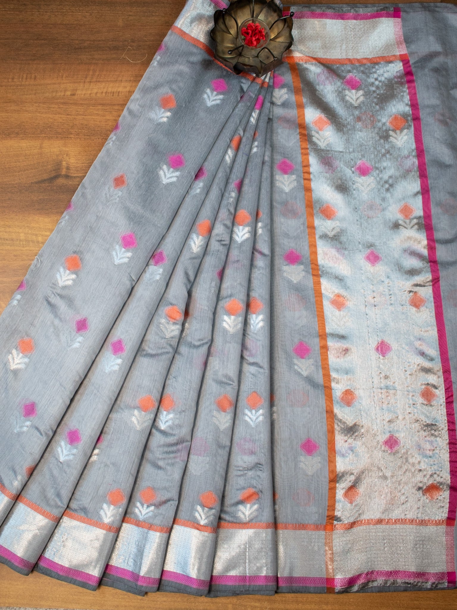 Banarasi Soft Cotton Saree Silver Zari Weaving- Grey