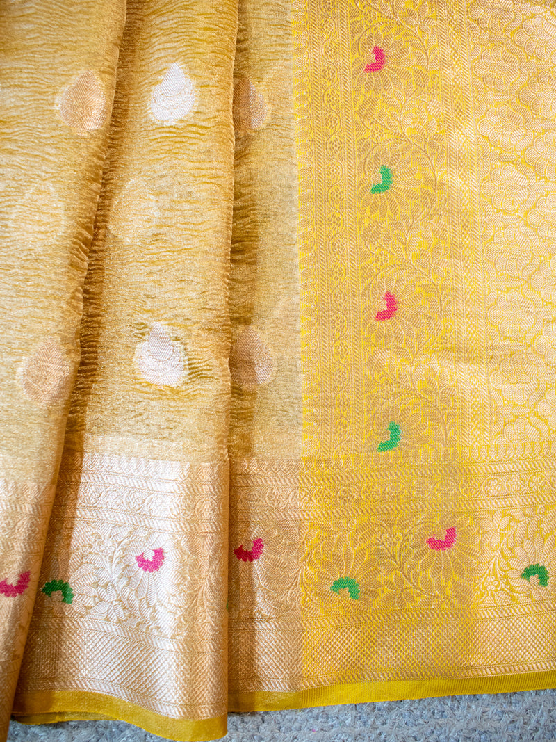 Banarasi Crushed Tissue Saree With Zari Border- Yellow