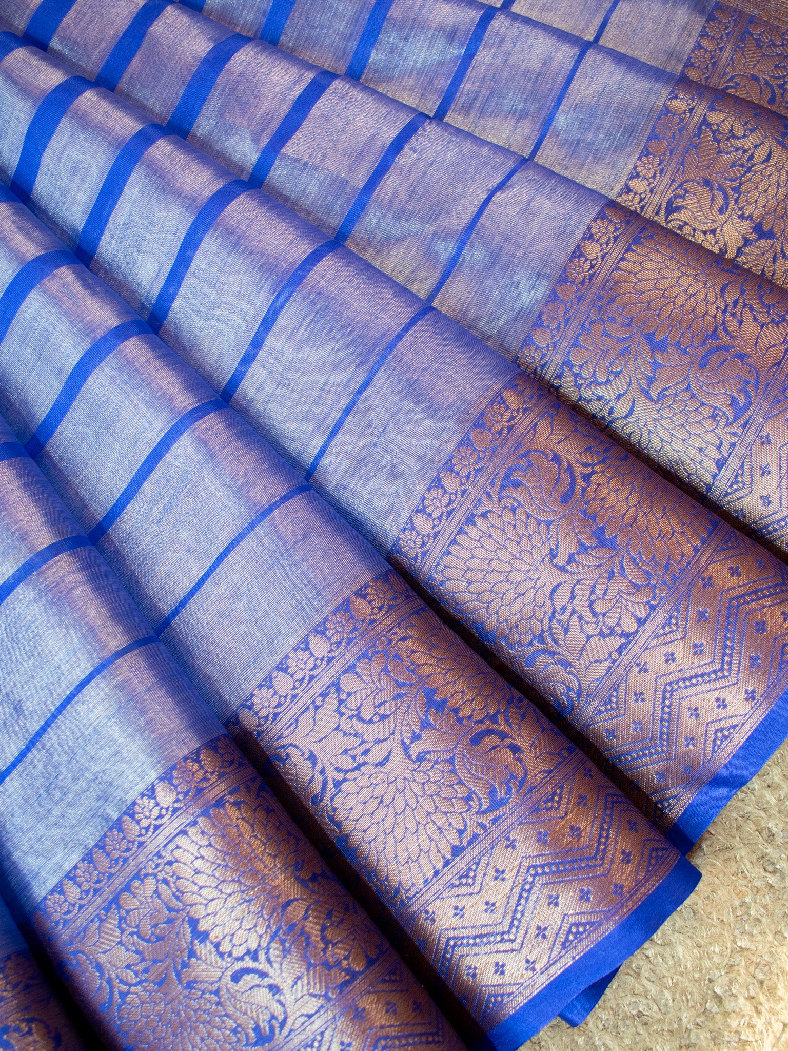 Banarasi Tissue Saree With Copper Zari Border-Blue