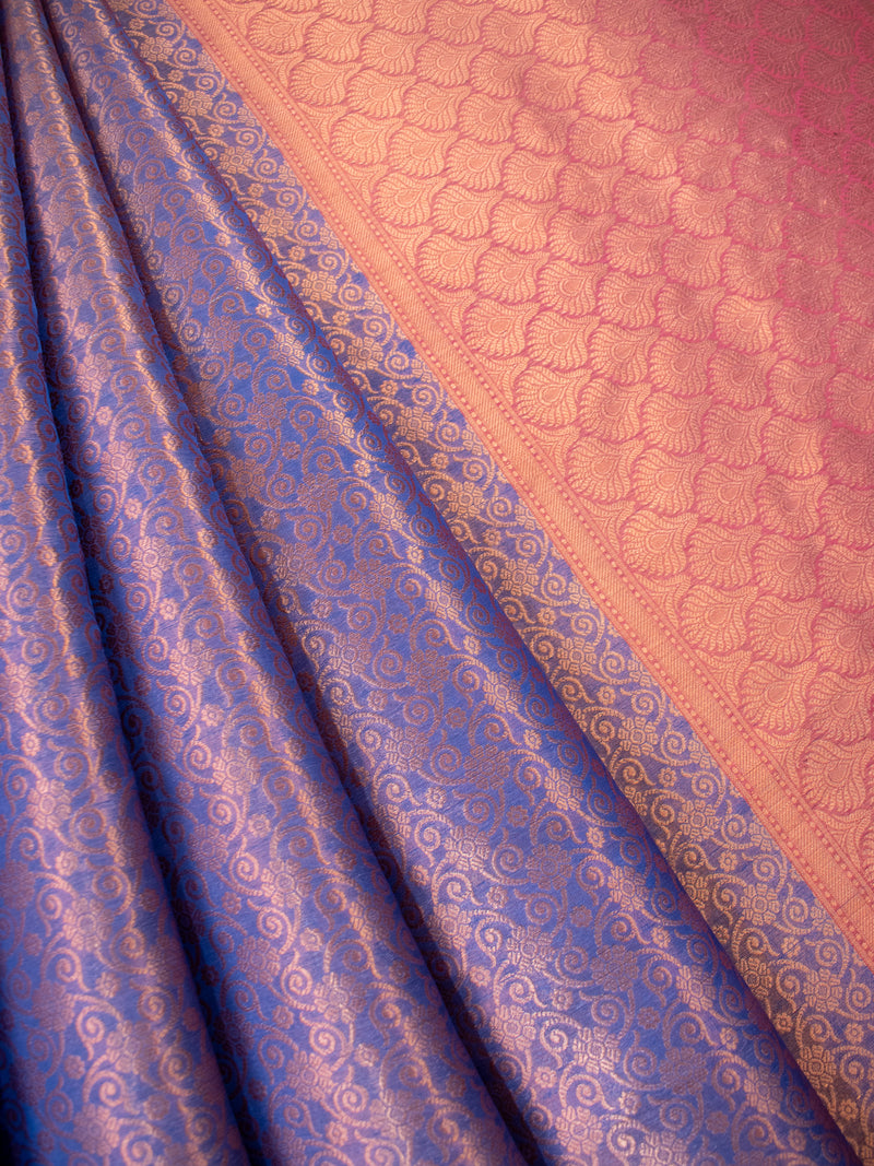 Banarasi Kora Muslin Saree With Tanchoi Weaving & Contrast Border-Blue