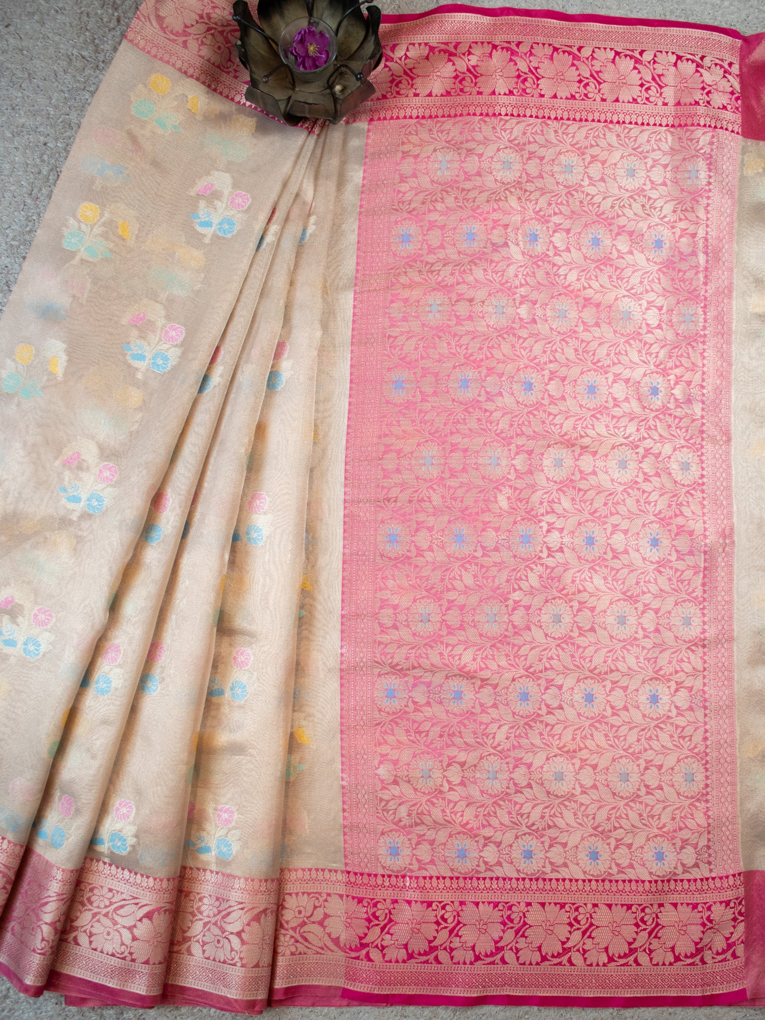 Banarasi Tissue Saree With Silver Zari & Contrast Border - Grey