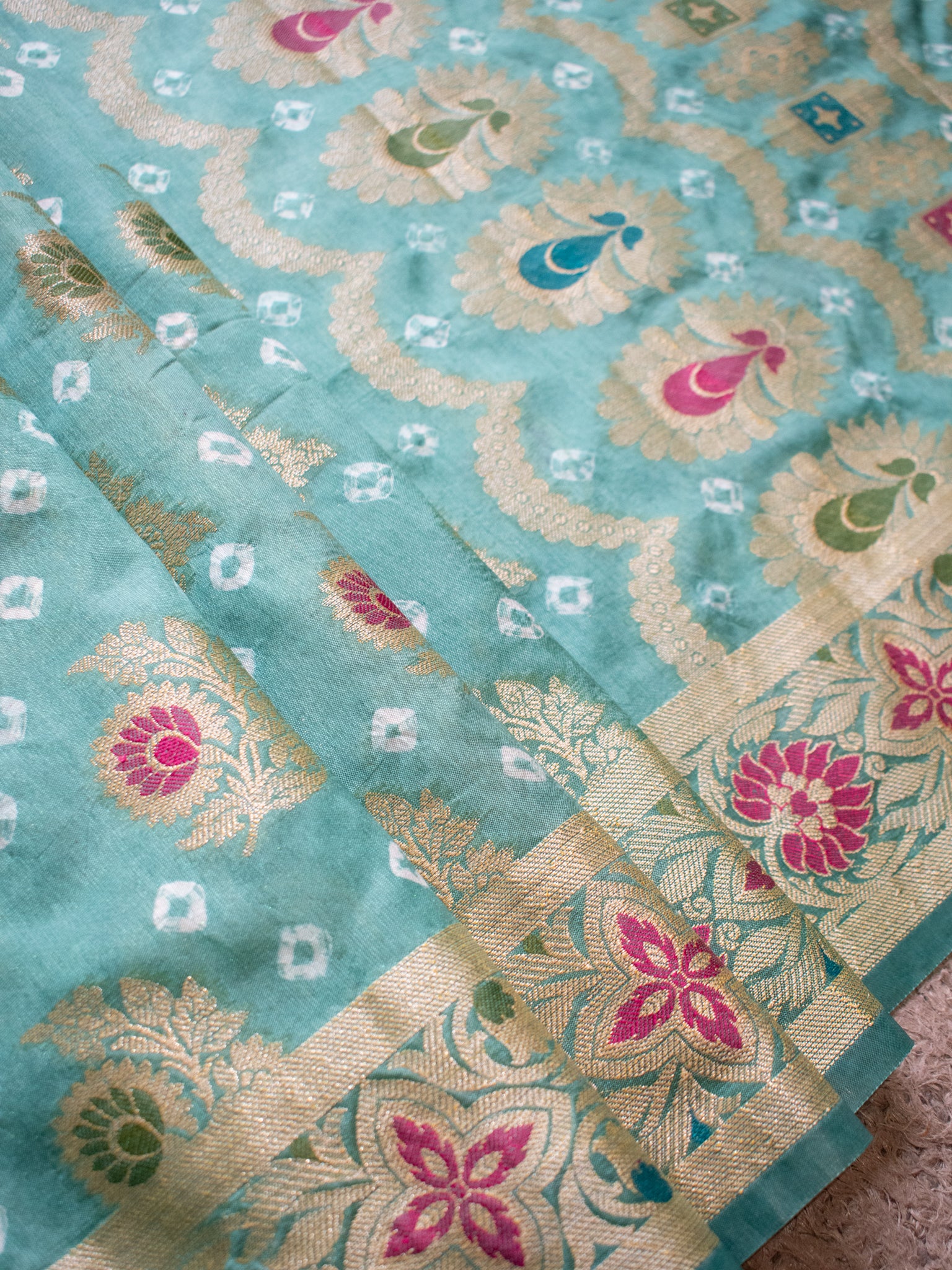 Banarasi Cotton Silk Bandhani Saree With Meena Weaving-Blue