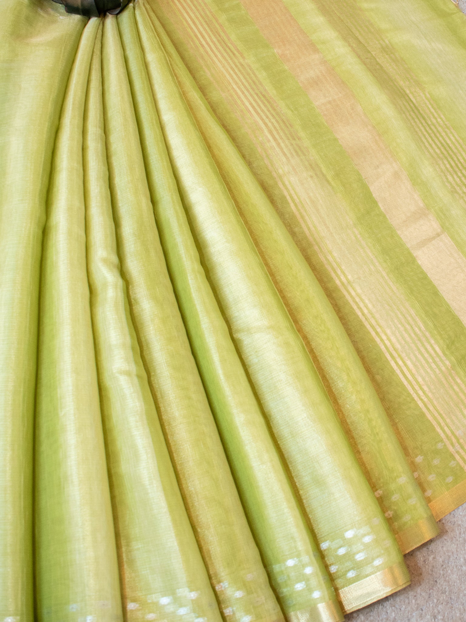 Banarasi Cotton Linen Saree With Resham Weaving & Zari Border- Green