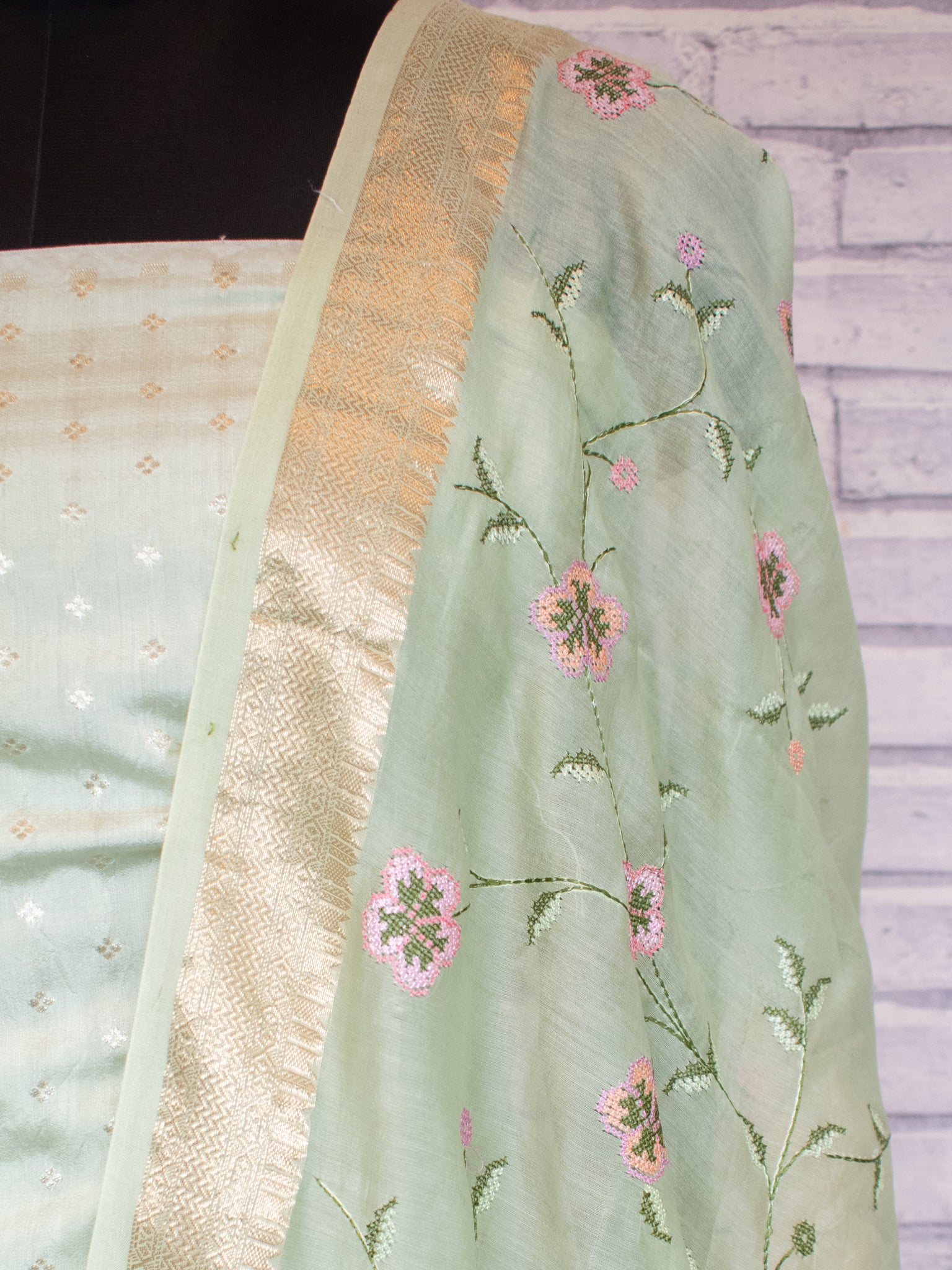 Banarasi Pure Chanderi Salwar Kameez Fabric With Embroidered Dupatta-Green