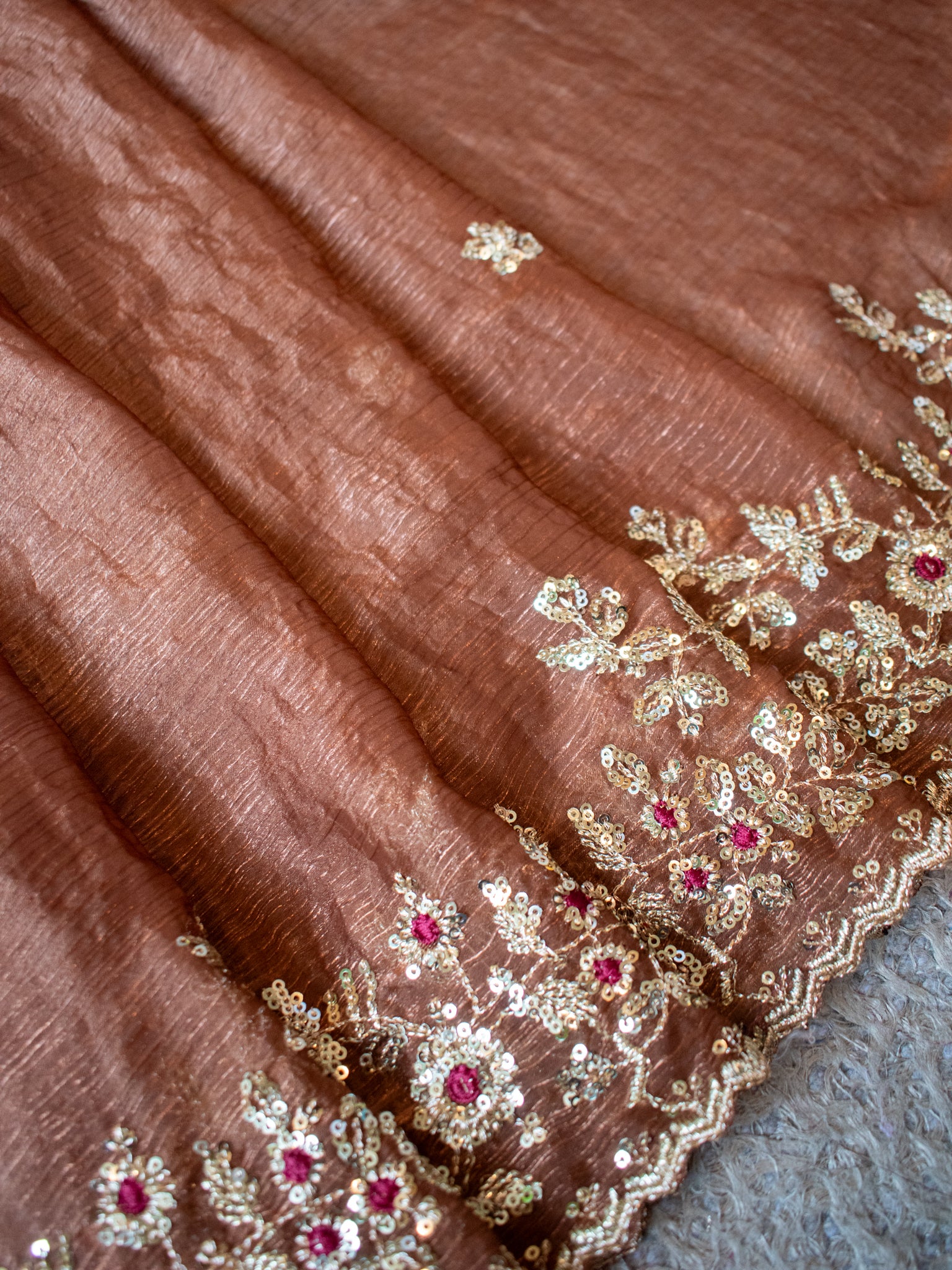 Tissue Embroidered Cocktail Saree- Brown