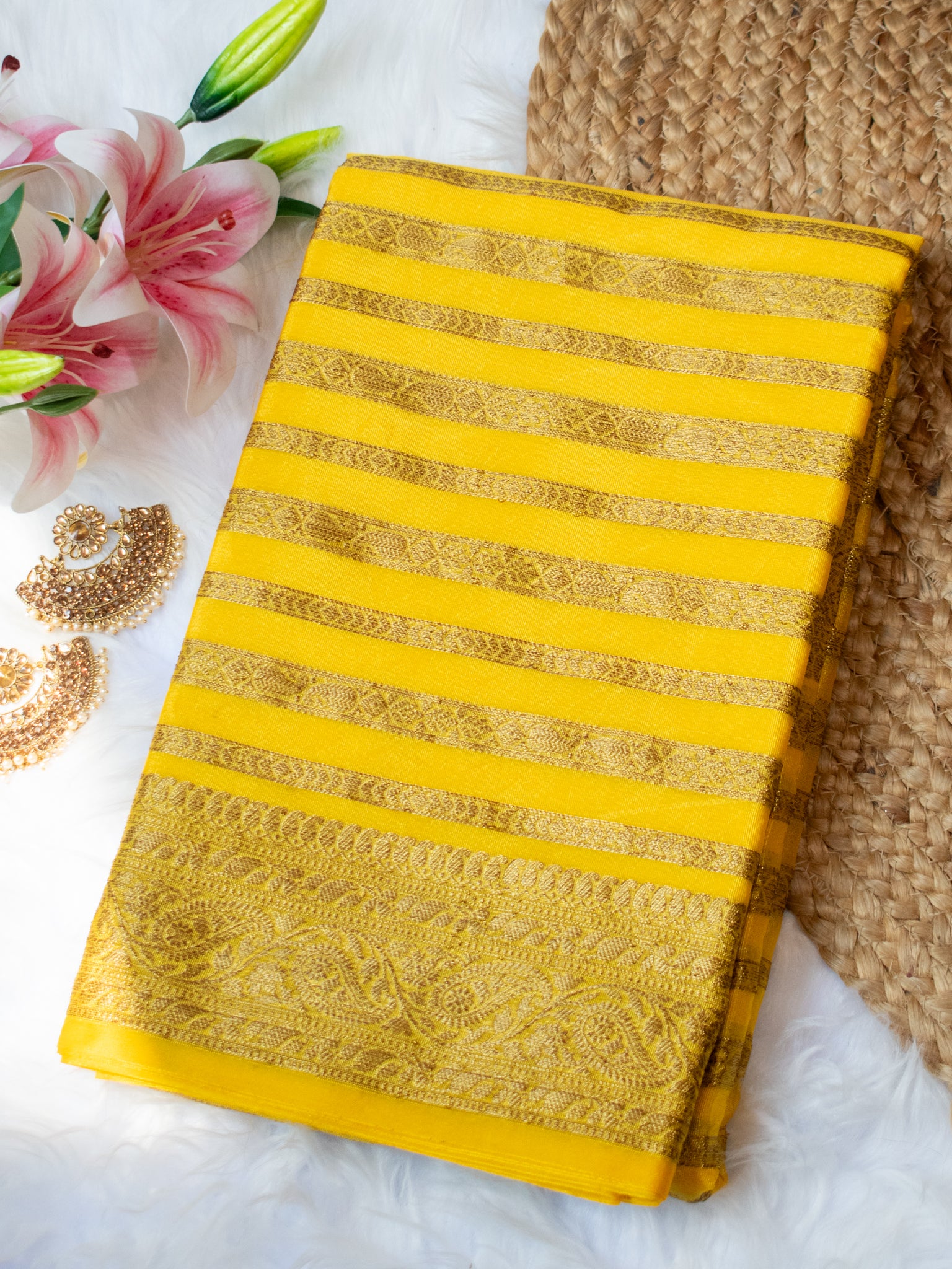 Banarasi Semi Cotton Saree Antique Weaving &  Border-Yellow