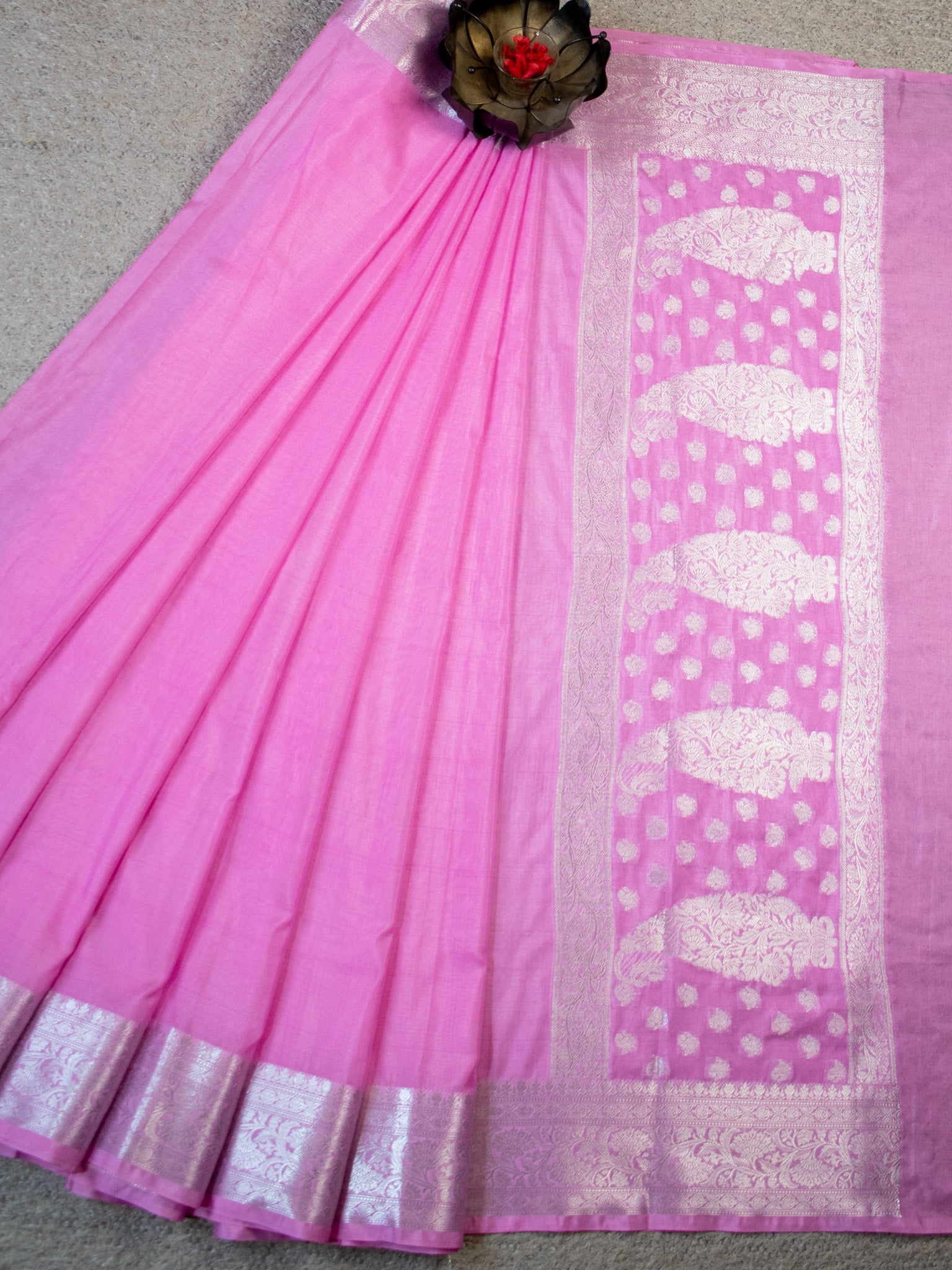 Banarasi Soft Cotton Plain Saree With Zari Border-Pink