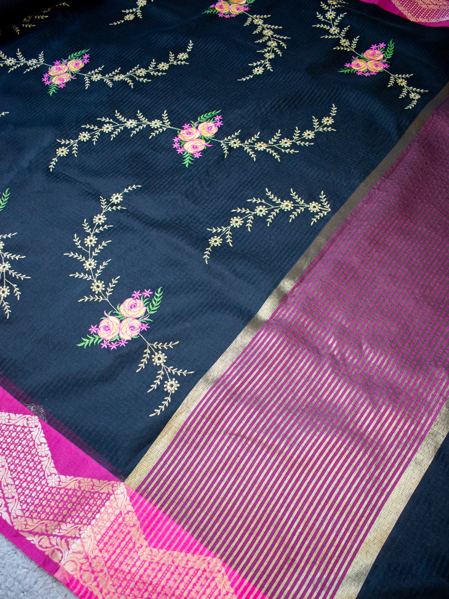 Banarasi Kota Check Saree With Embroidery & Border - Black
