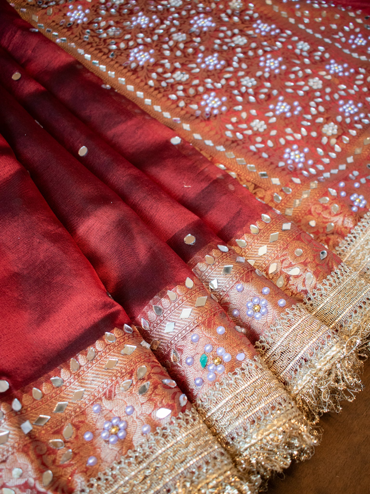 Banarasi Mirror Work Tissue Saree with Lace Border - Maroon