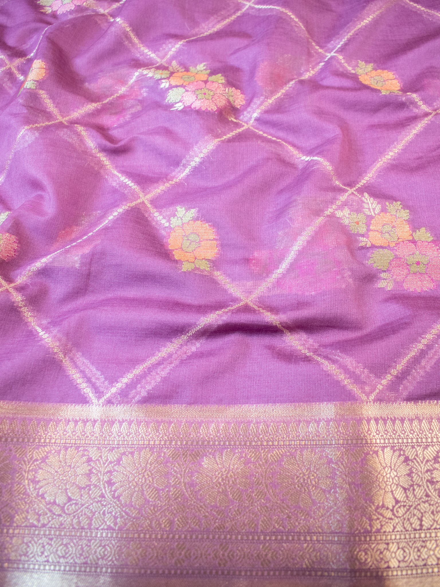 Banarasi Cotton Silk Saree with Floral Weaving & Border- Mauve