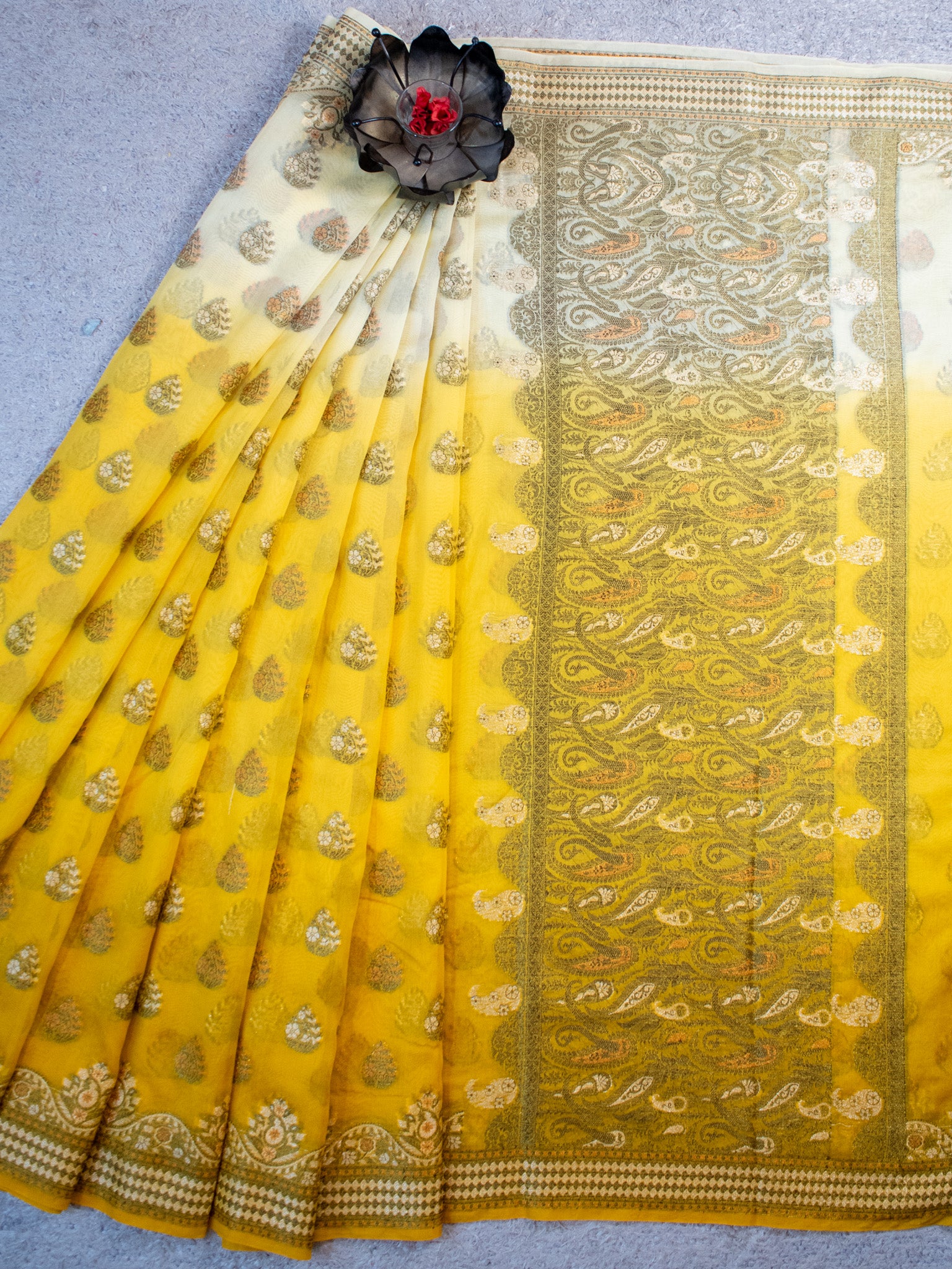 Banarasi Dual Shade Pure Georgette Saree With Resham Weaving-Yellow & White