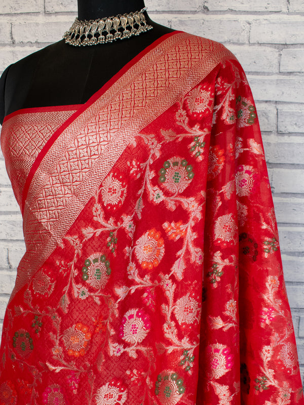Banarasi Semi Silk Saree With Heavy Jaal Zari & Meena Weaving-Red