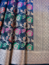 Banarasi Dual Shaded Semi Silk Saree With Heavy Jaal Zari & Meena Weaving-Blue & Black