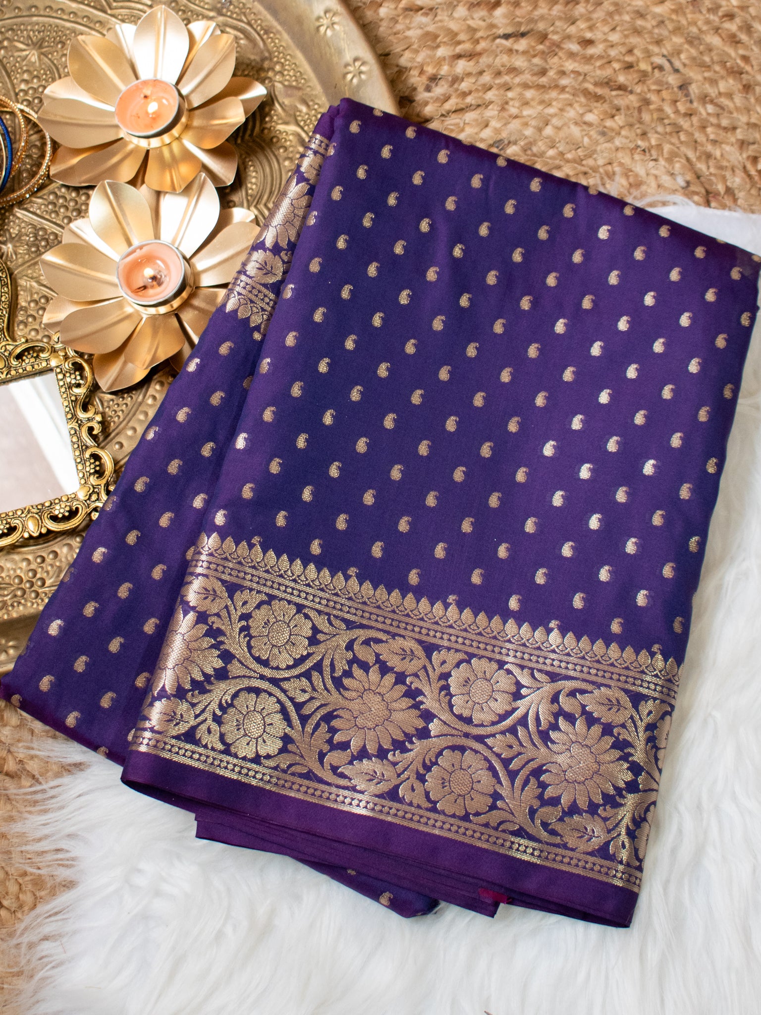 Banarasi Silk Saree With Zari Buti Weaving & Border - Purple