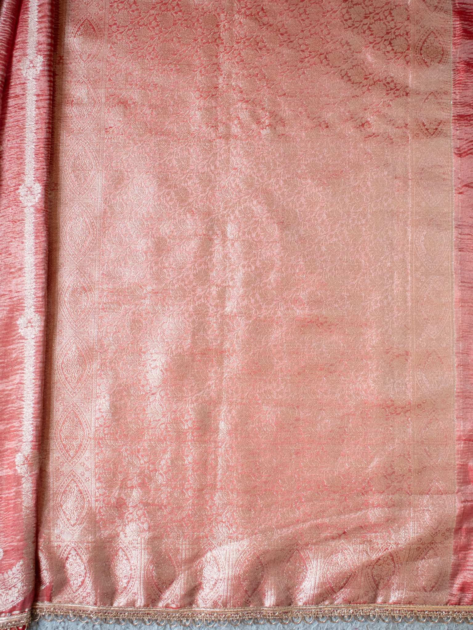 Banarasi Crushed Tissue Saree With Silver Zari Border & Lace- Red