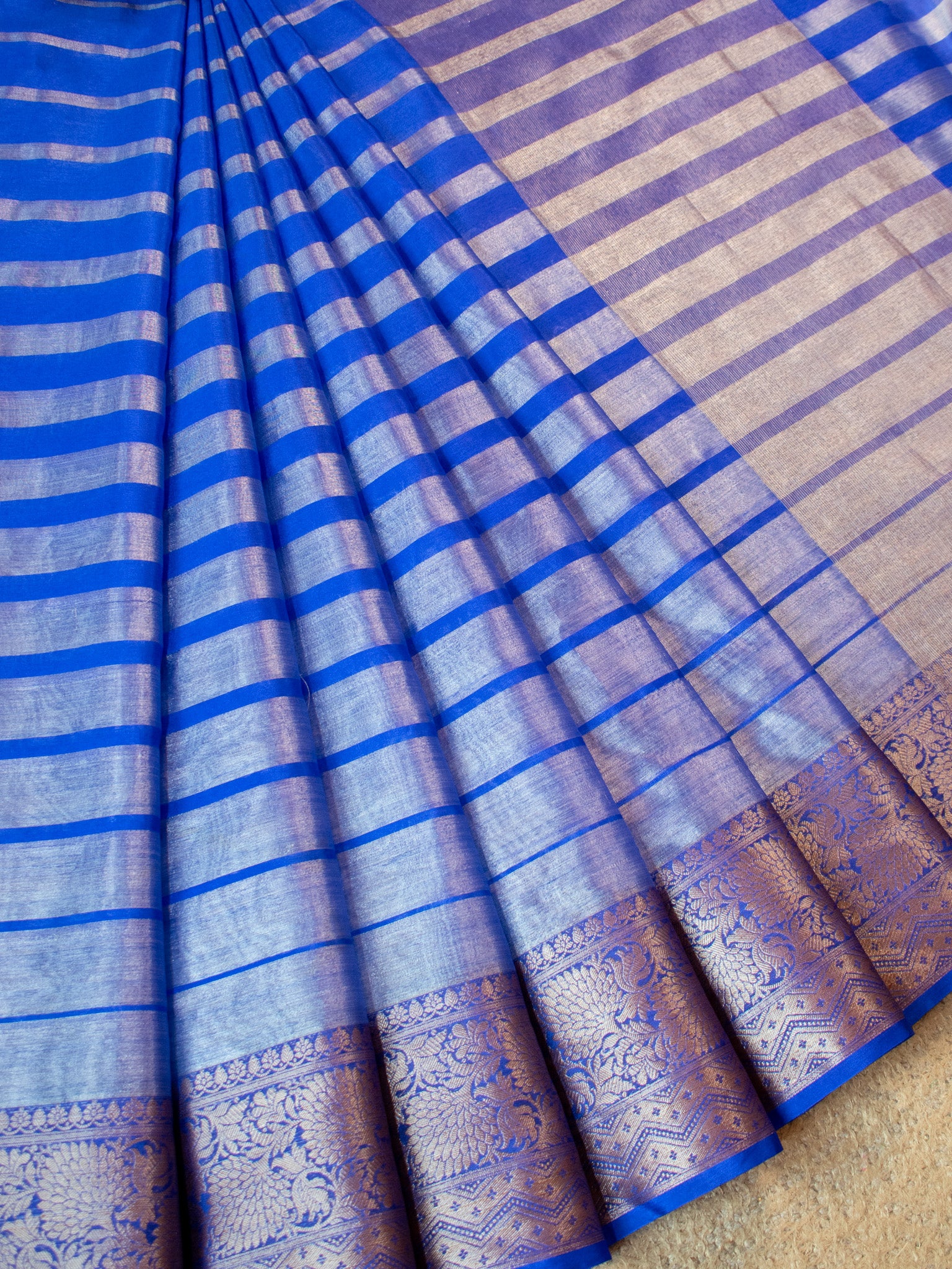 Banarasi Tissue Saree With Copper Zari Border-Blue