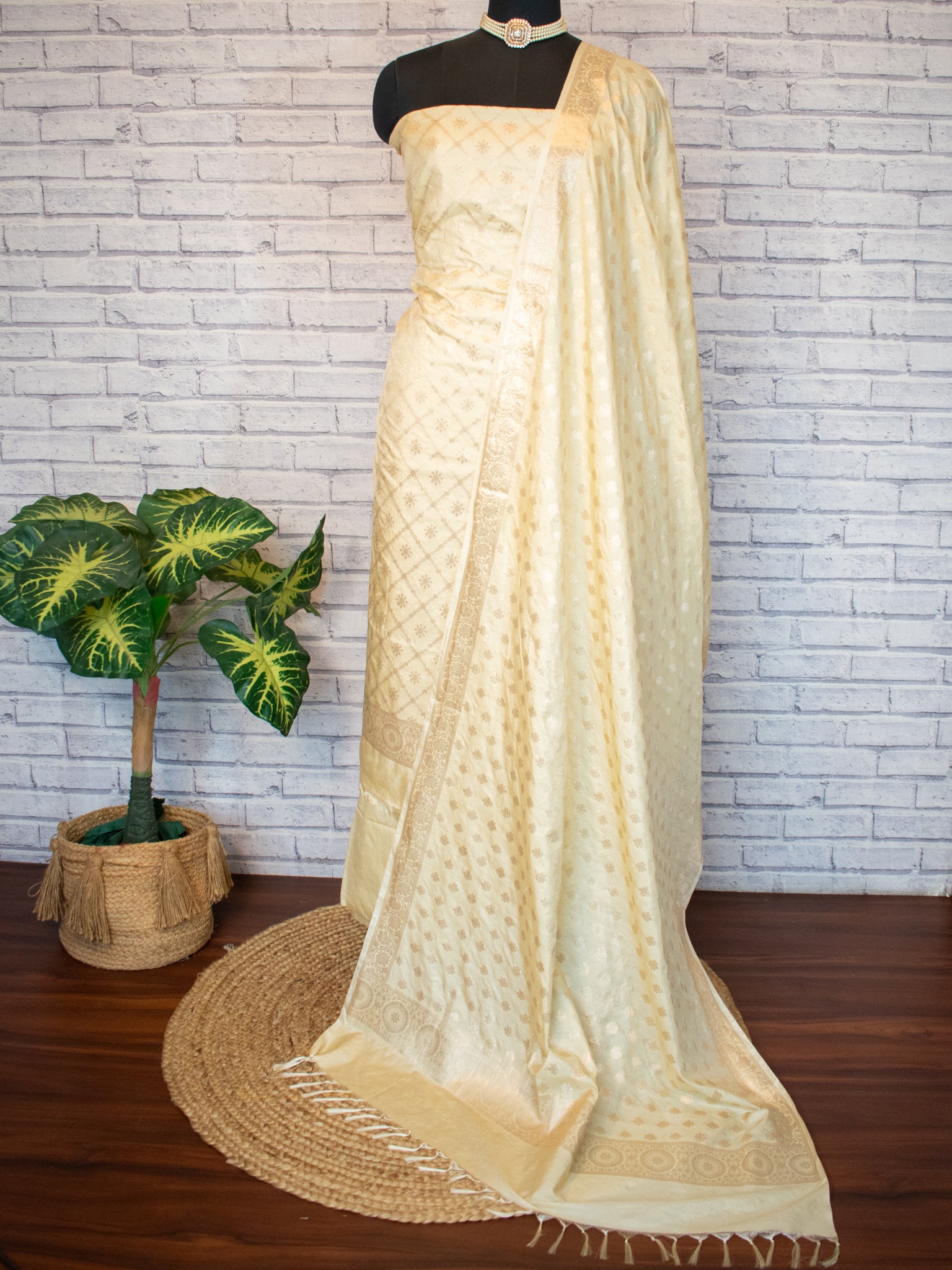 Banarasi Semi Katan Salwar Kameez Fabric With Dupatta- Beige