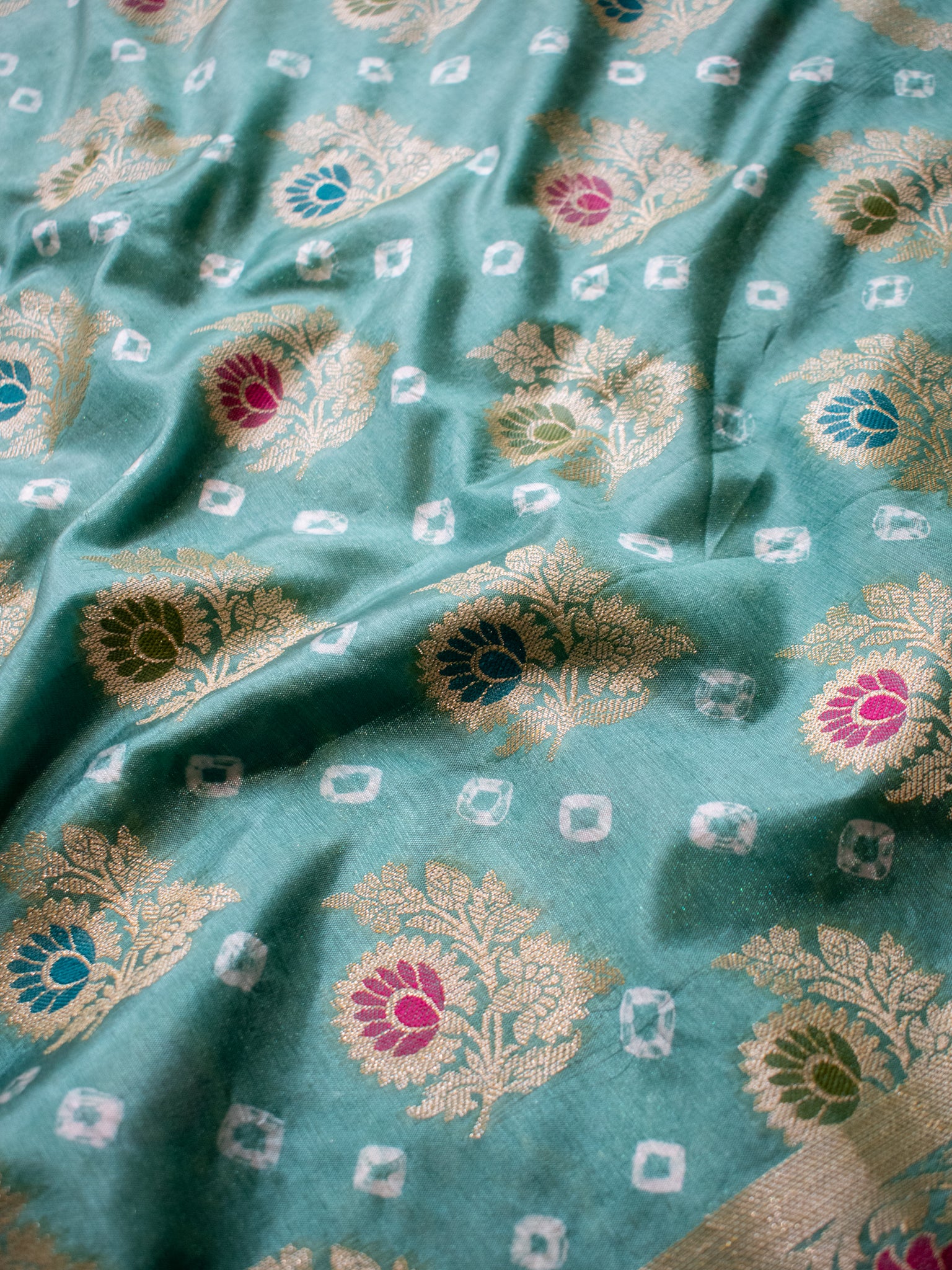 Banarasi Cotton Silk Bandhani Saree With Meena Weaving-Blue