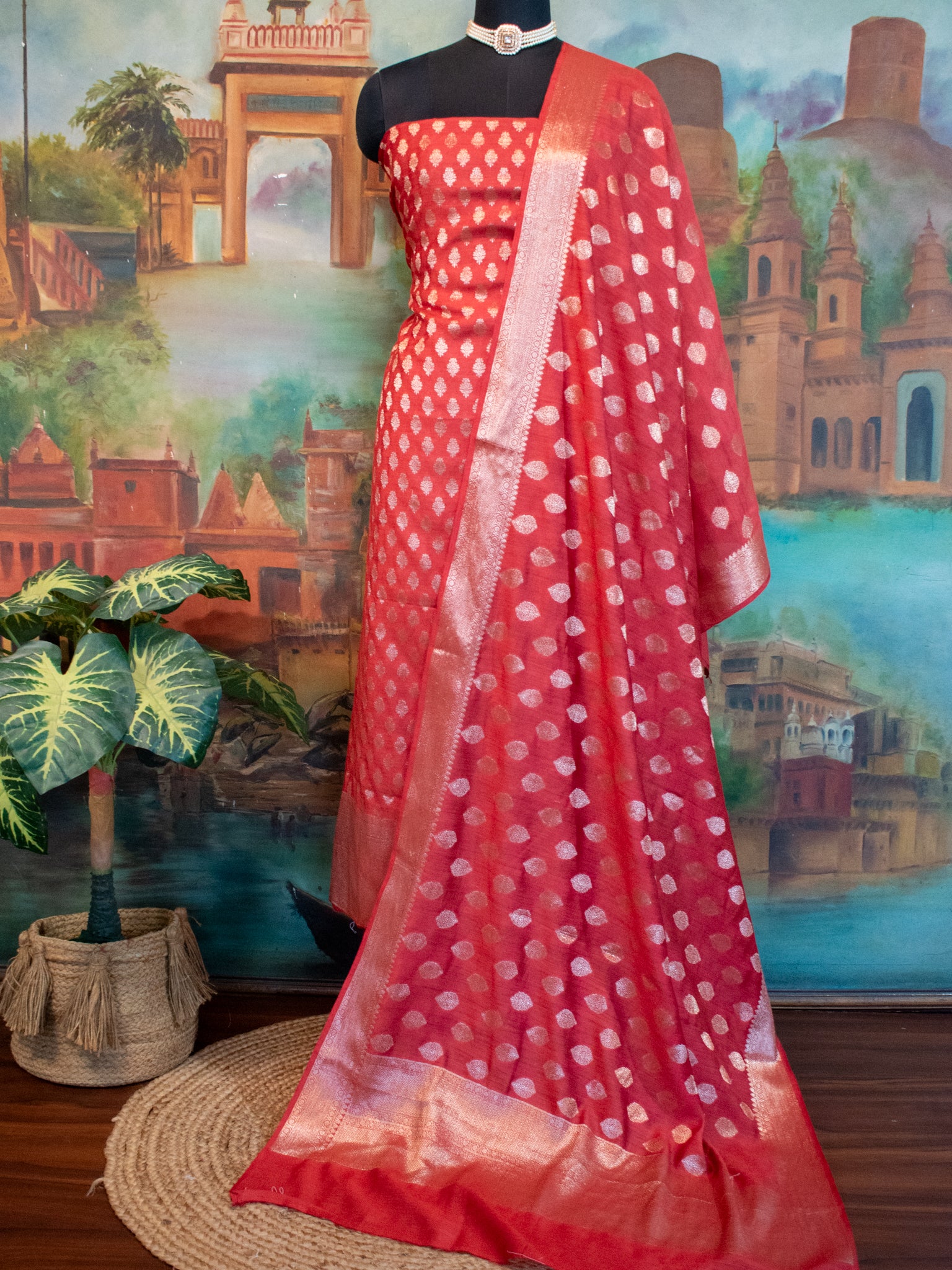 Banarasi Pure Muga Silk Salwar Kameez- Red