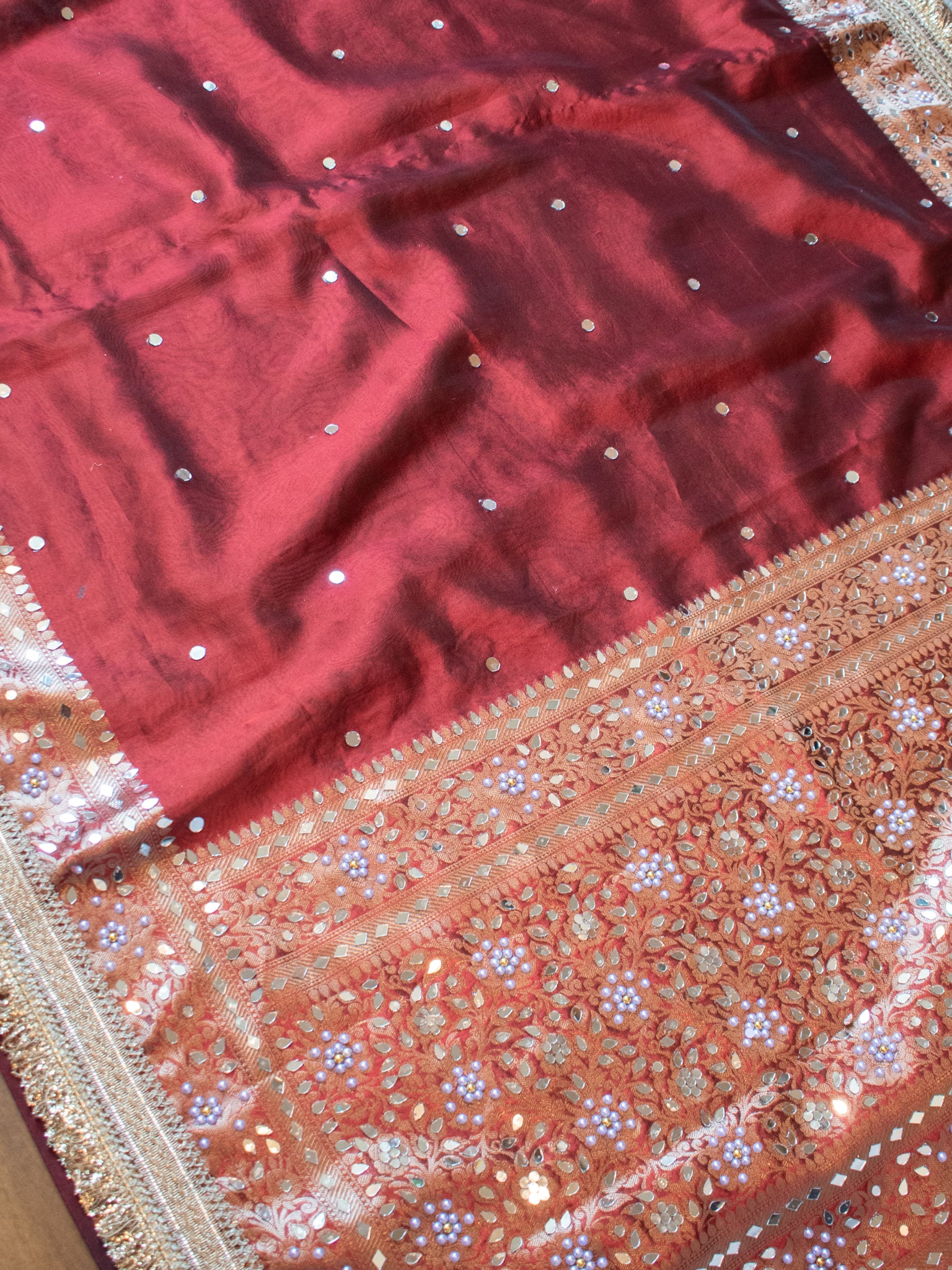 Banarasi Mirror Work Tissue Saree with Lace Border - Maroon