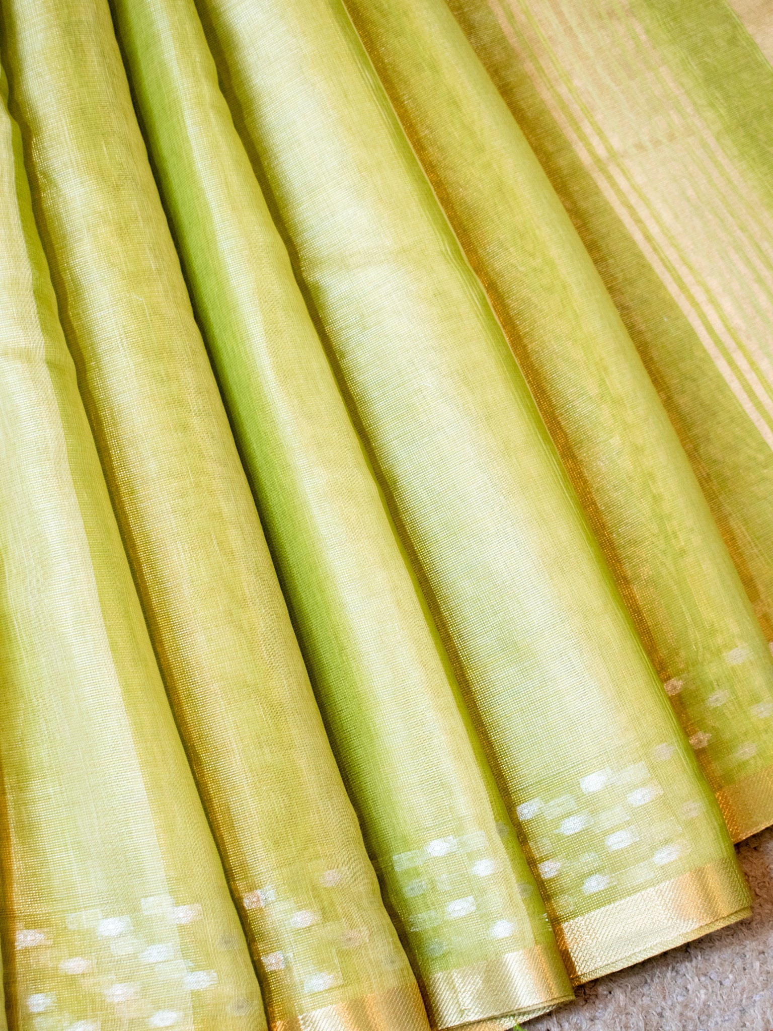 Banarasi Cotton Linen Saree With Resham Weaving & Zari Border- Green