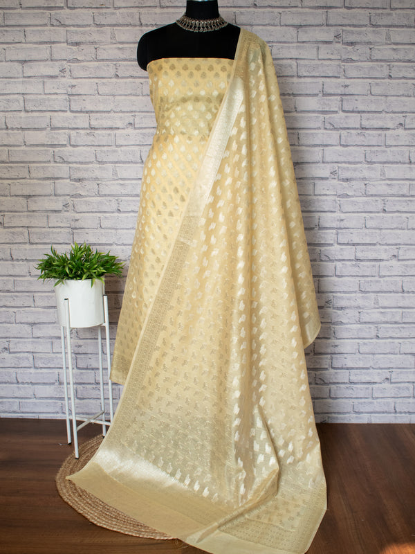 Banarasi Cotton Silk Salwar Kameez Fabric With Silver Zari Weaving With Dupatta-Yellow