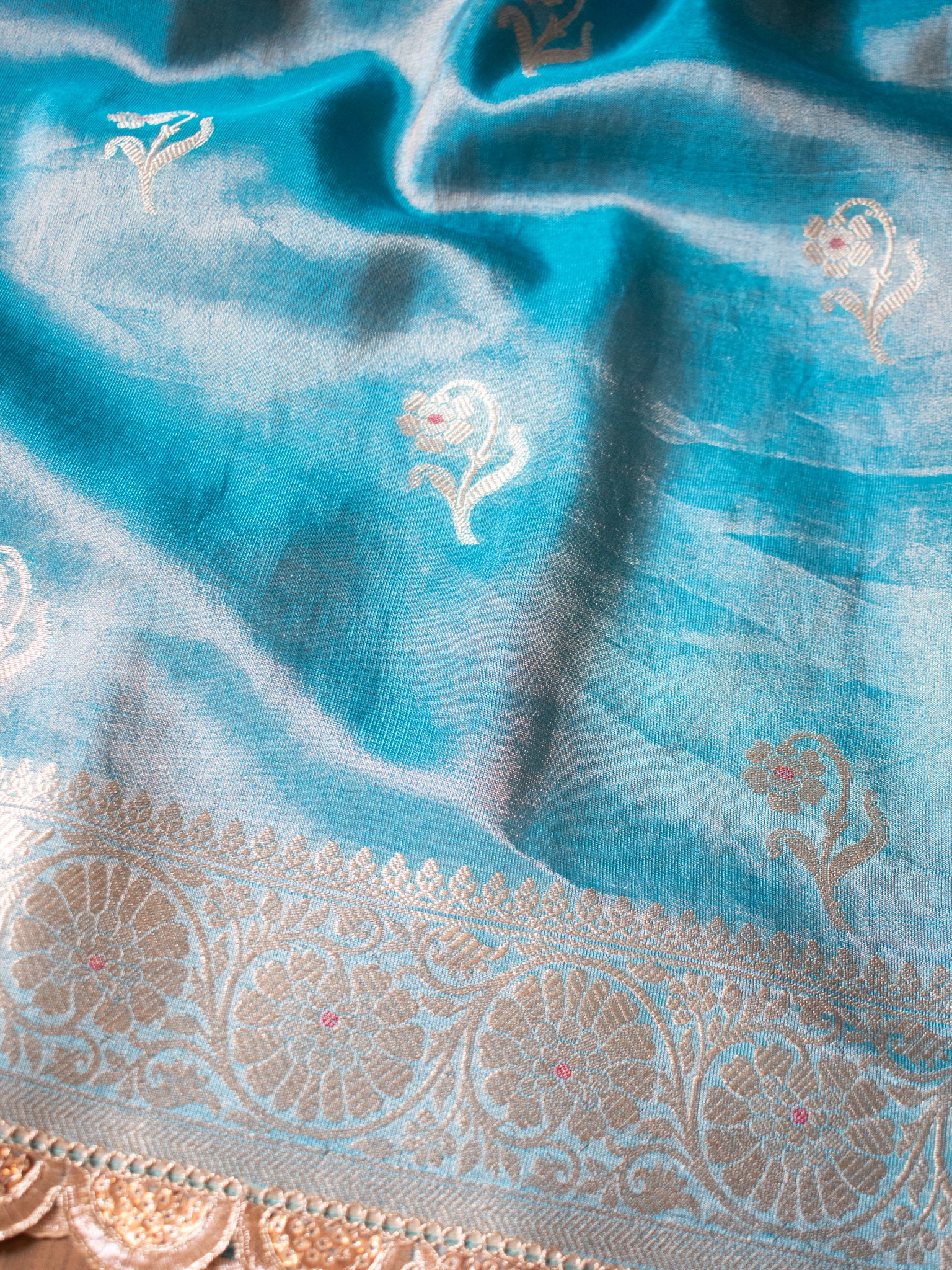 Banarasi Tissue Saree With Zari Weaving & Lace Border- Blue