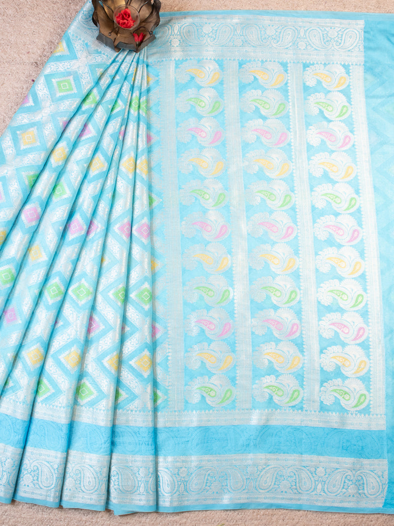 Banarasi Cotton Silk Saree With Silver Zari Weaving- Blue