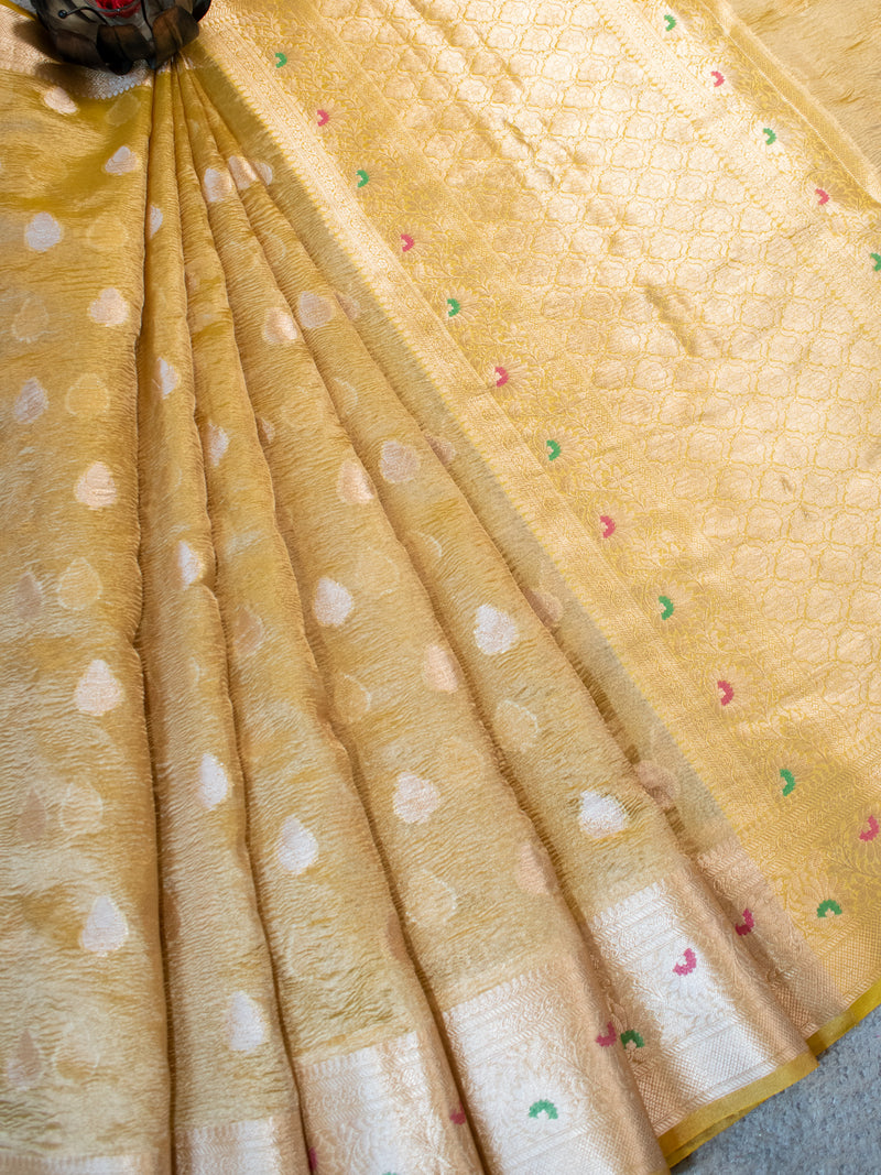 Banarasi Crushed Tissue Saree With Zari Border- Yellow