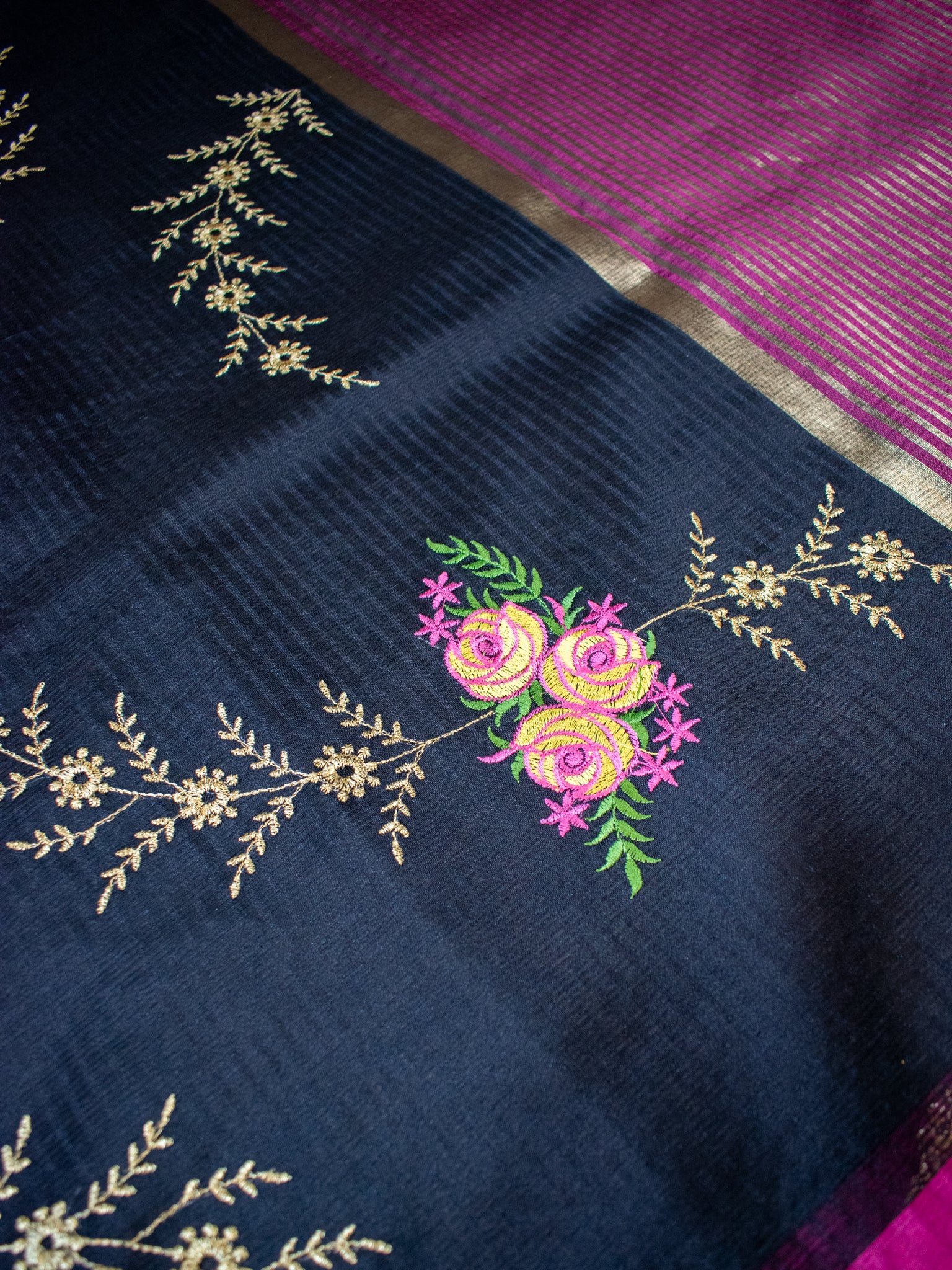 Banarasi Kota Check Saree With Embroidery & Border - Black