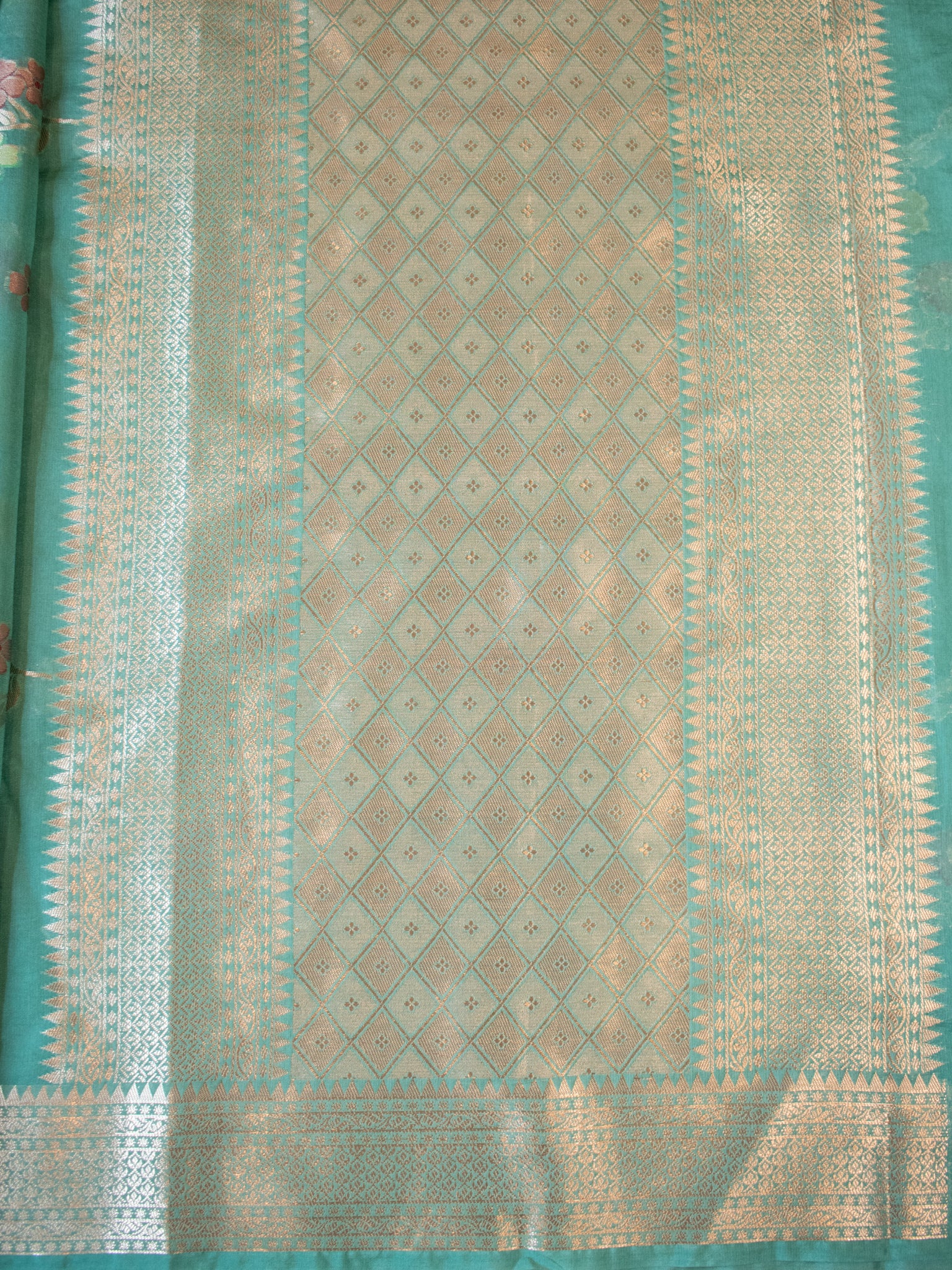 Banarasi Cotton Silk Saree with Floral Weaving & Border- Sea Green