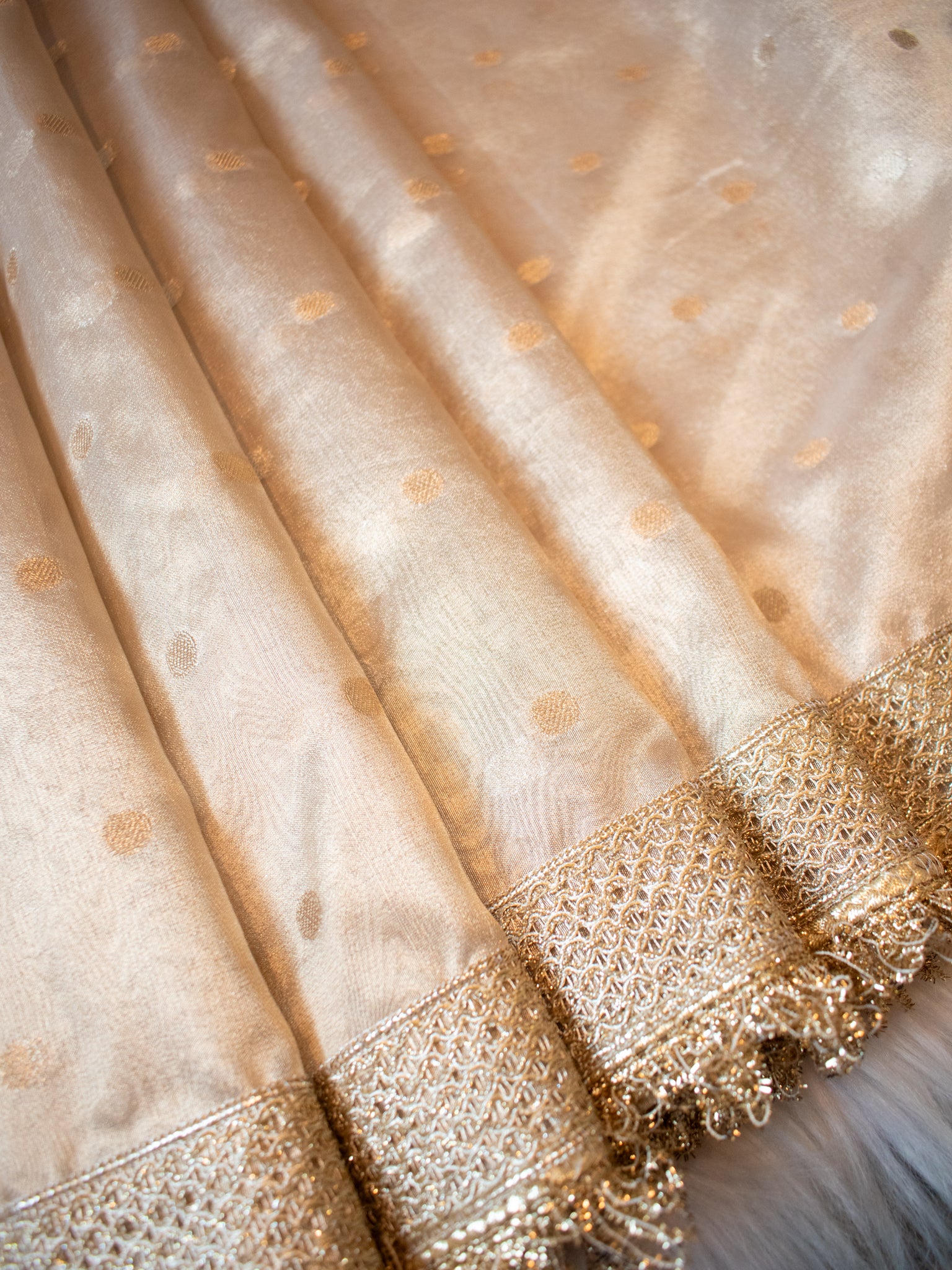 Banarasi Tissue Saree With Zari Buti Weaving & Lace Border- Beige
