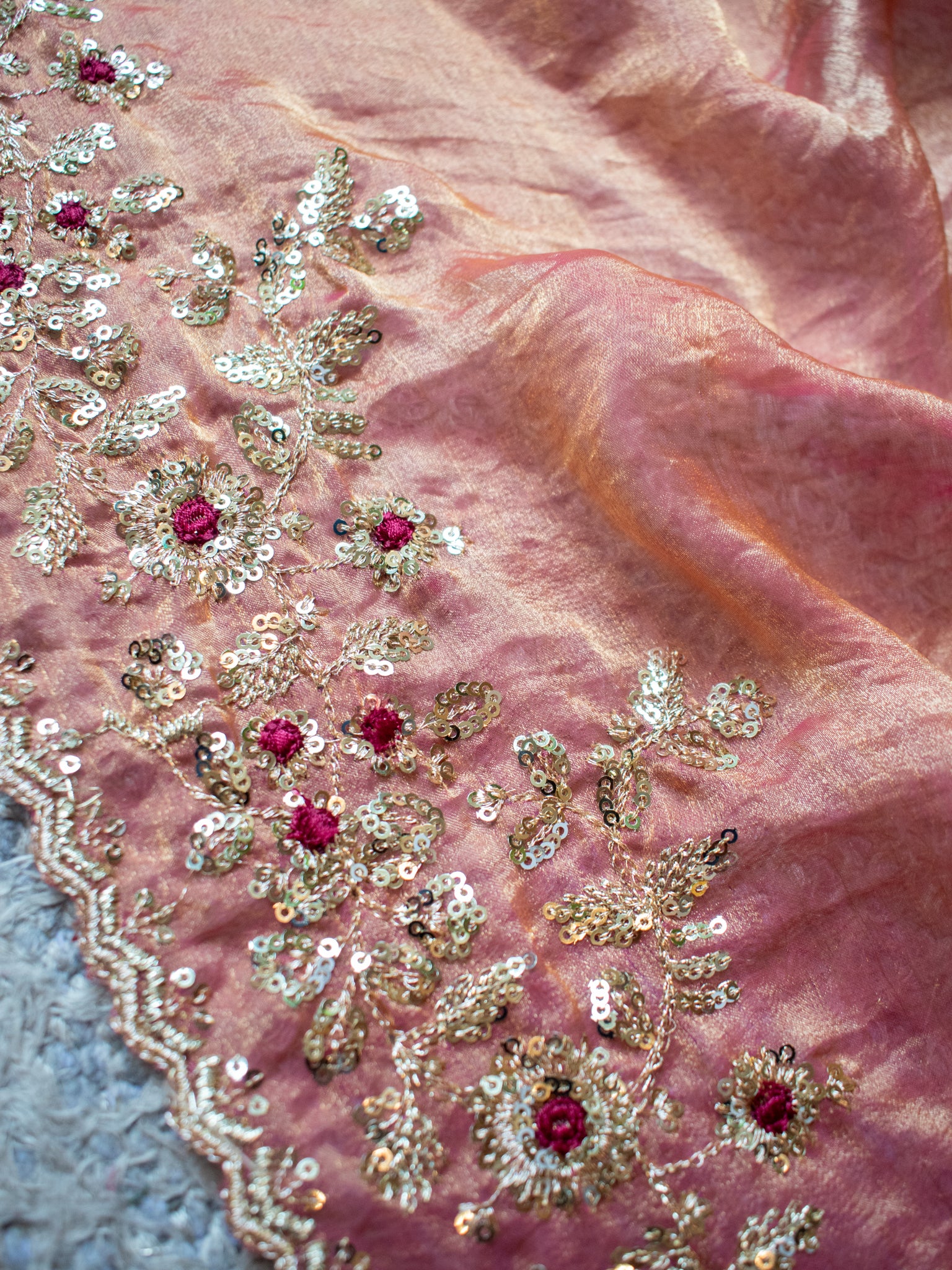 Tissue Embroidered Cocktail Saree- Pink