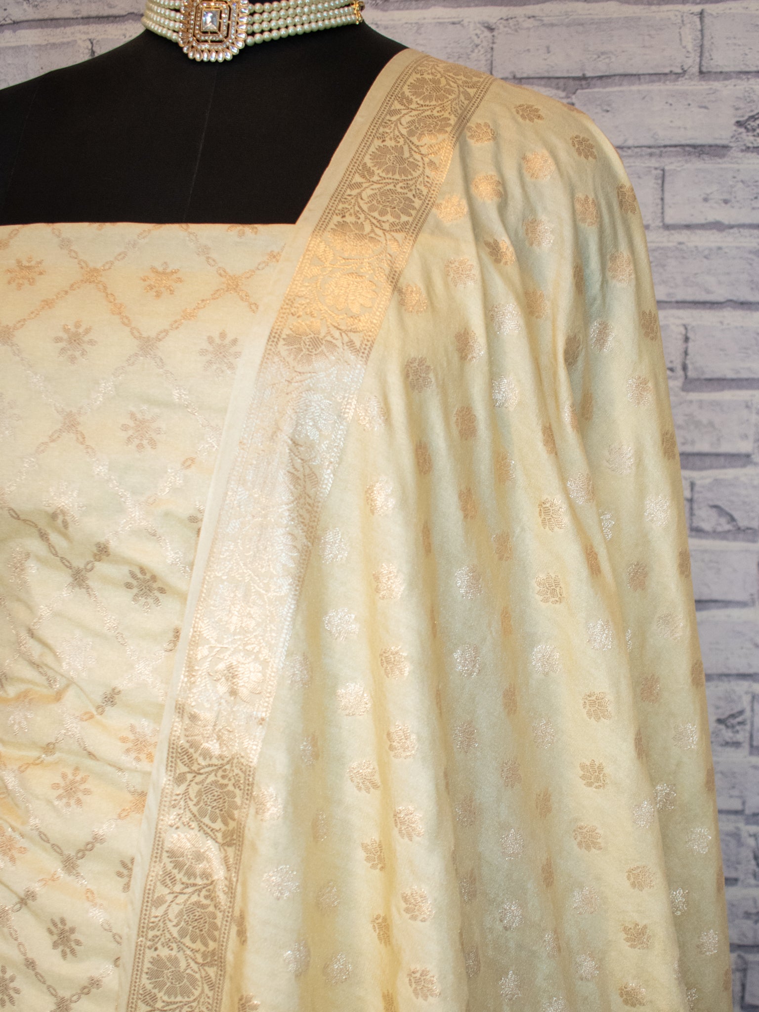 Banarasi Semi Katan Salwar Kameez Fabric With Dupatta- Beige
