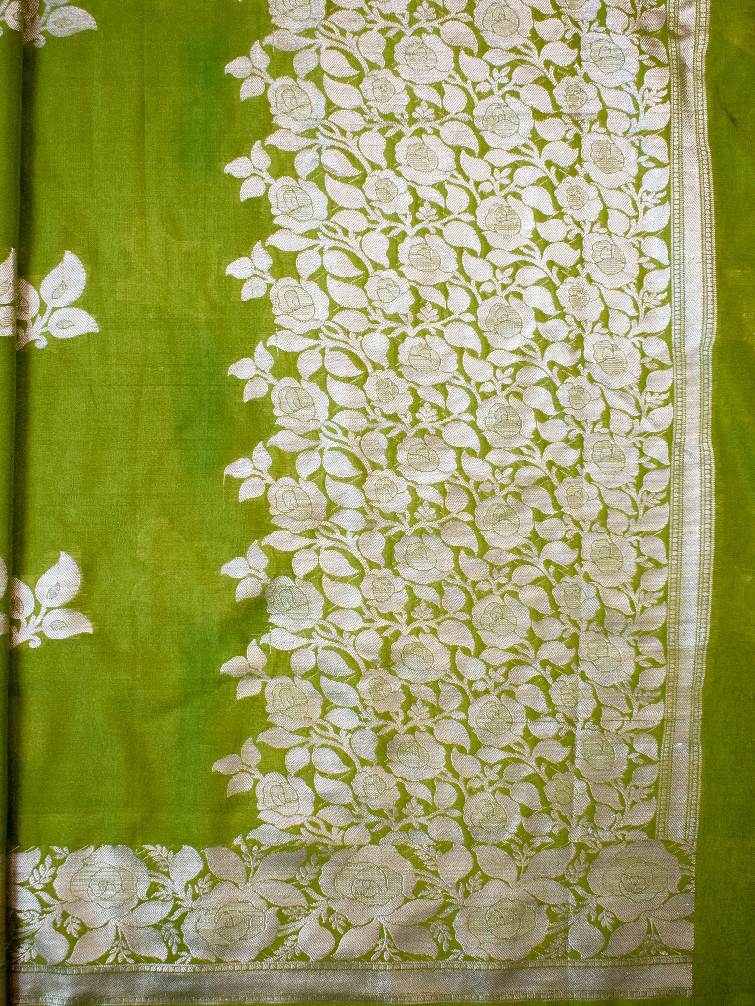 Banarasi  Cotton Silk Saree Silver Zari Weaving With Border-Green