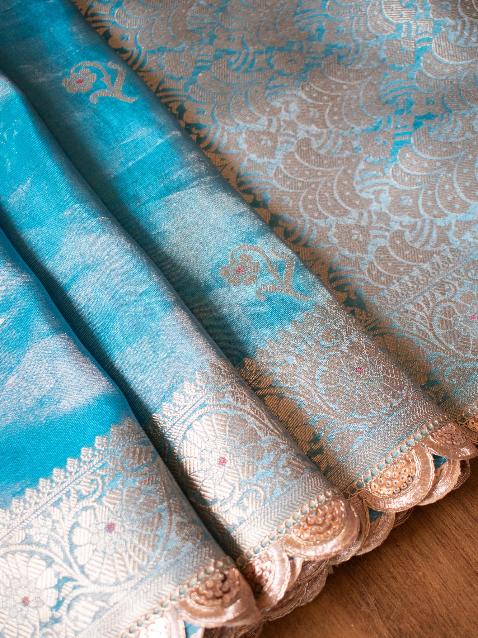 Banarasi Tissue Saree With Zari Weaving & Lace Border- Blue