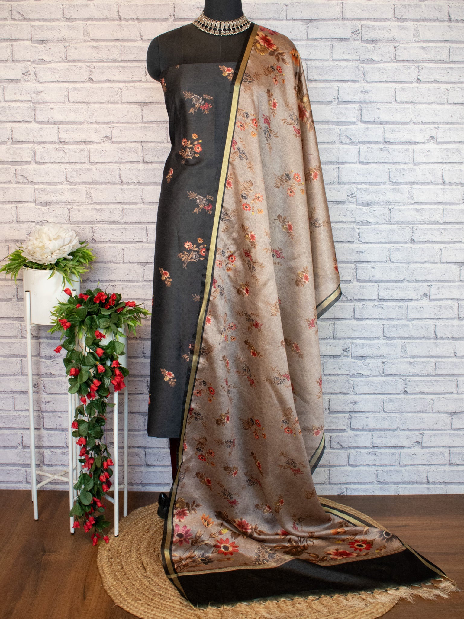 Banarasi Semi Silk Salwar Kameez Fabric With Floral Printed Dupatta- Black